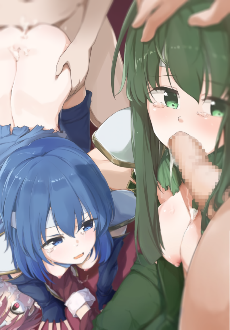 3girls armor bent_over blue_eyes blue_hair breasts breasts_out broken_rape_victim catria_(fire_emblem) censored crying cum cum_in_mouth cum_inside cum_on_body cum_on_face doggy_style edit empty_eyes est_(fire_emblem) fellatio fire_emblem fire_emblem:_mystery_of_the_emblem fire_emblem:_shadow_dragon_and_the_blade_of_light gangrape green_eyes green_hair multiple_boys nintendo palla_(fire_emblem) partially_clothed party_wipe penis pink_eyes pink_hair rape ripped_clothing sirubetat sisters tears torn_clothes waifu2x