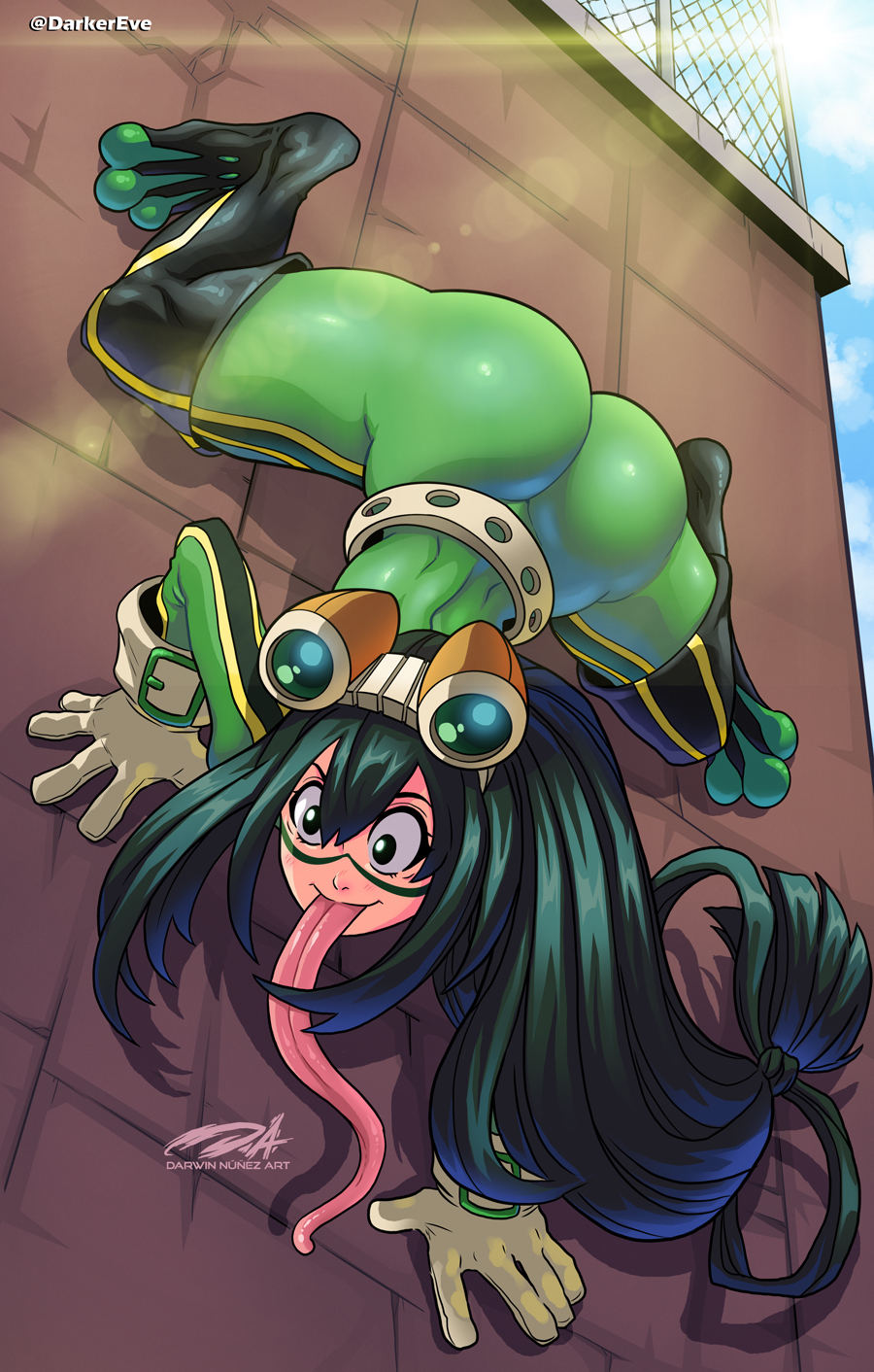 1girls ass big_ass black_hair clothed clothed_female darkereve female flippers frog frog_girl frog_suit frog_tongue froppy gloves goggles goggles_on_head green_hair green_outfit green_suit hero_outfit_(mha) long_hair long_tongue my_hero_academia shounen_jump solo solo_female solo_focus thighhighs thighs tongue tongue_out tsuyu_asui wall