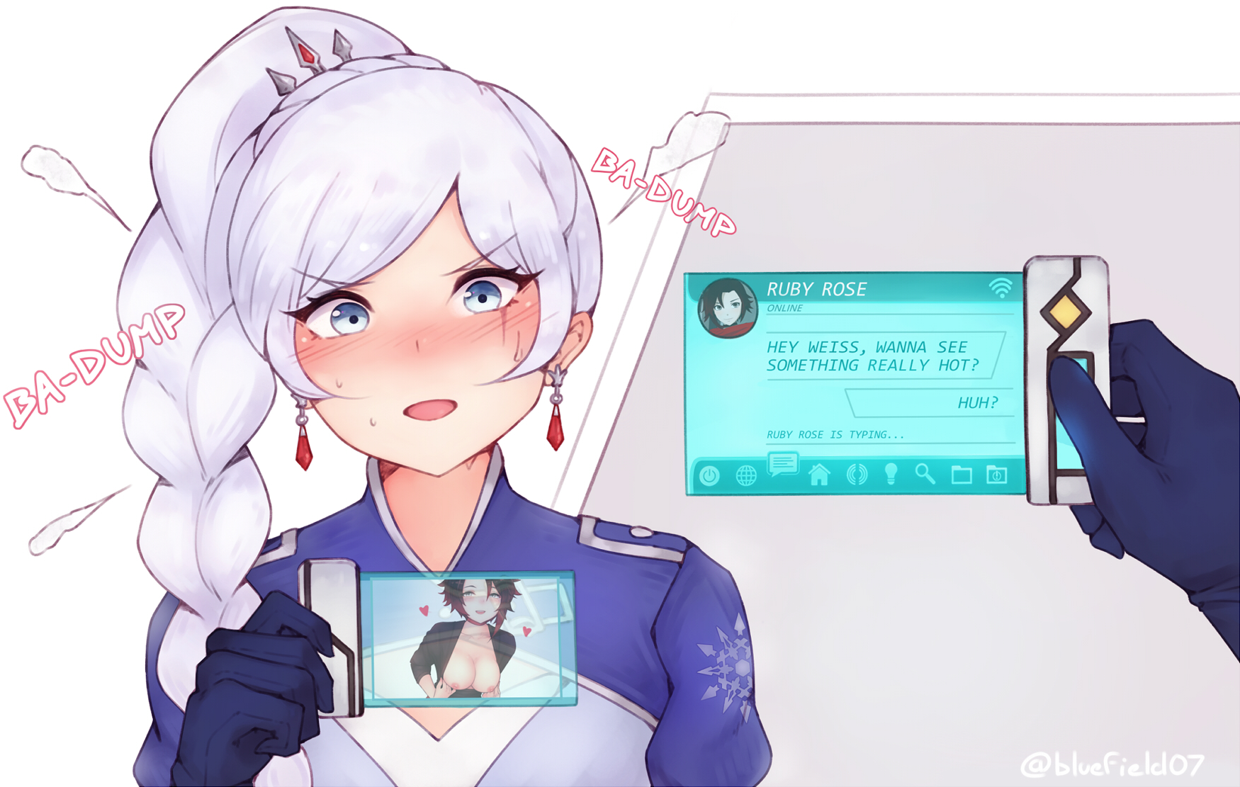 2girls, areolae, artist name, big breasts, black hair, blue eyes, bluefield, blush, boobs, braid, breasts, earrings, female, female only, heartbeat, large breasts, nipples, onomatopoeia, open mouth, open shirt, ponytail, red hair, ruby rose, rwby, selfie, silver hair, surprised, tagme, text, two-tone hair, weiss schnee