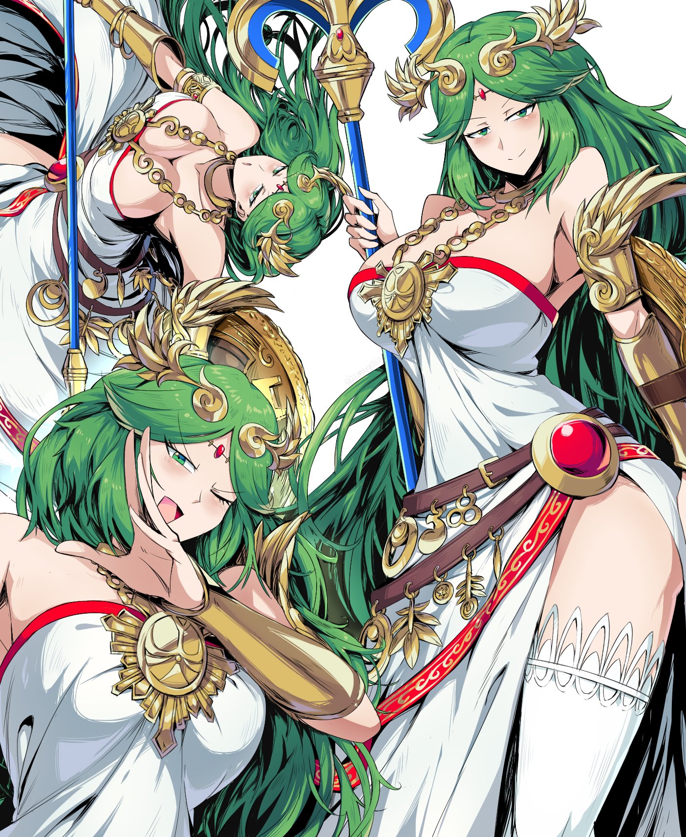 1girls, 5 fingers, armpits, ass, bare shoulders, big ass, big breasts, big butt, breasts, cleavage, clothed, clothes, clothing, female, female only, fully clothed, goddess, green eyes, green hair, hips, horny, huge ass, huge breasts, huge butt, jewelry, kid icarus, kid icarus uprising, large ass, large breasts, large butt, long hair, looking at viewer, palutena, pose, posing, seductive, seductive eyes, seductive look, seductive smile, shimure (460), smile, smiling at viewer, smug, solo, solo female, thick, thick ass, thick thighs, thighs, voluptuous, wide hips