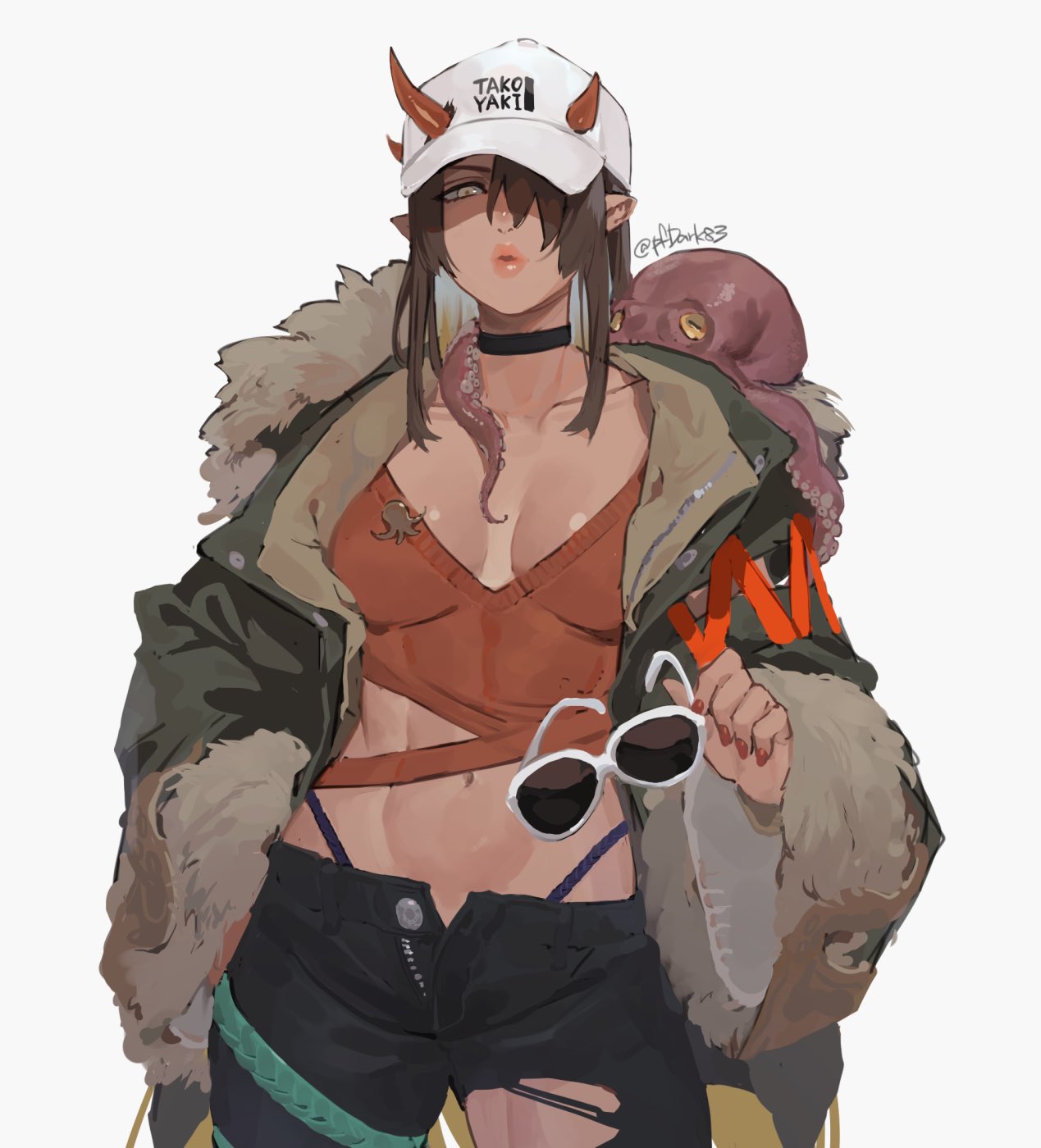 1girls baseball_cap black_choker black_pants breasts brown_hair choker cleavage collarbone dark-skinned_female dark_skin eyewear_removed female fingernails fur-trimmed_jacket fur_trim hair_over_one_eye hand_in_pocket hat highleg highleg_panties highres horns horns_through_headwear jacket large_breasts lips lipstick looking_at_viewer makeup midriff nail_polish navel no_bra octopus oni oni_horns open_clothes open_fly open_jacket original panties pants plunging_neckline pointy_ears puckered_lips red_horns red_nails solo stomach sunglasses thighs toned torn_clothes torn_pants twitter_username type-alpha underwear v-neck white-framed_eyewear white_background white_headwear wide_sleeves yellow_eyes