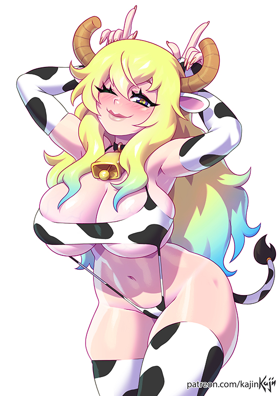 1girls, armpits, arms above head, arms up, big breasts, breasts, cleavage, cow print, female, female only, kajinman, large breasts, looking at viewer, miss kobayashi's dragon maid, quetzalcoatl (dragon maid), sling bikini, slingshot swimsuit, solo, strap gap, thick thighs, wide hips