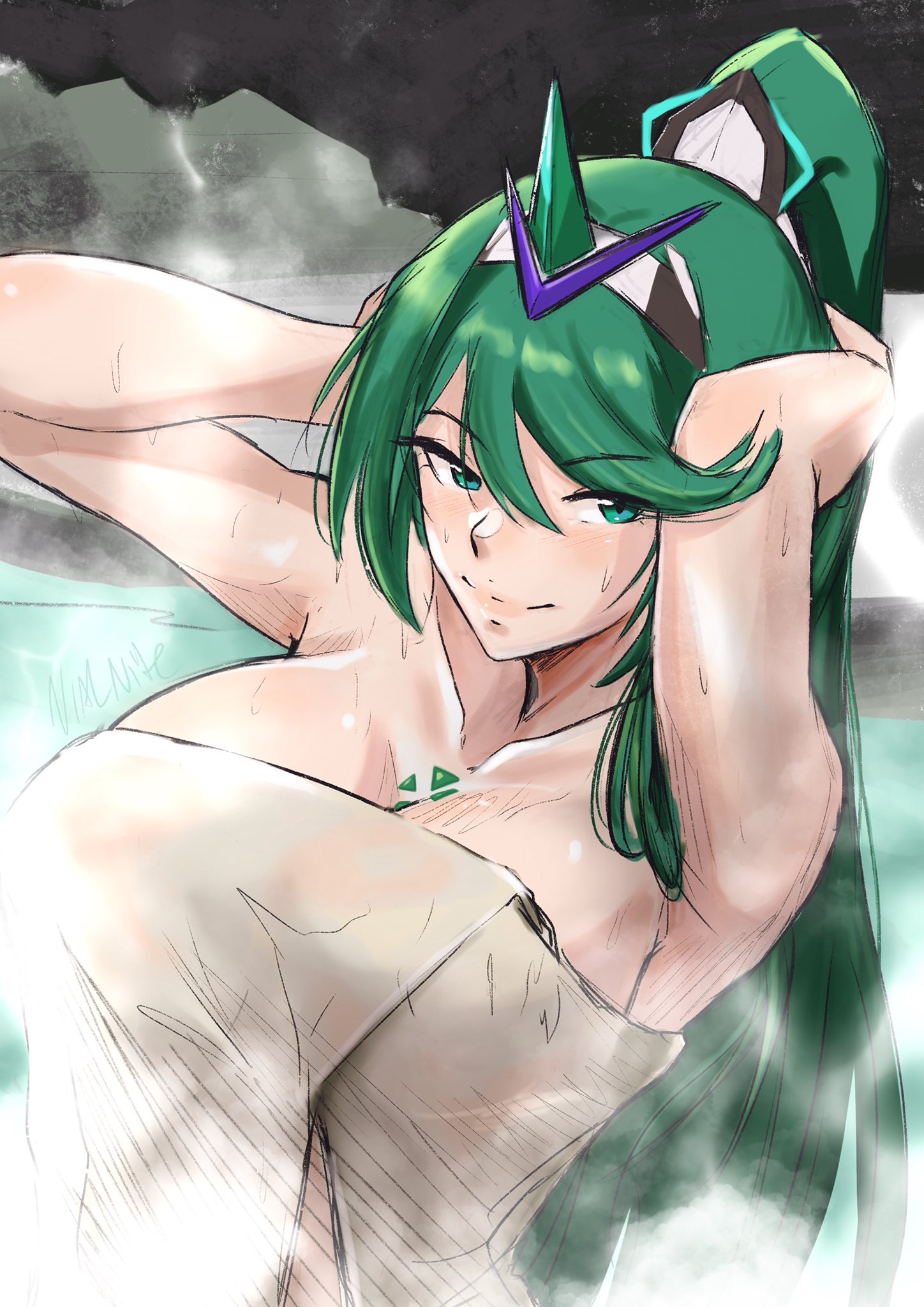 armpits, arms behind head, arms up, bangs, blush, breasts, breasts apart, brown eyes, cleavage, female, gem, green eyes, green hair, hair ornament, headpiece, highres, hot spring, jewelry, large breasts, long hair, looking at viewer, naked towel, nintendo, nipples, nude, onsen, outstretched arms, pneuma, pneuma (xenoblade), ponytail, pose, rock, solo, source request, spread arms, swept bangs, tiara, towel, vialnite, water, wet, xenoblade (series), xenoblade chronicles 2