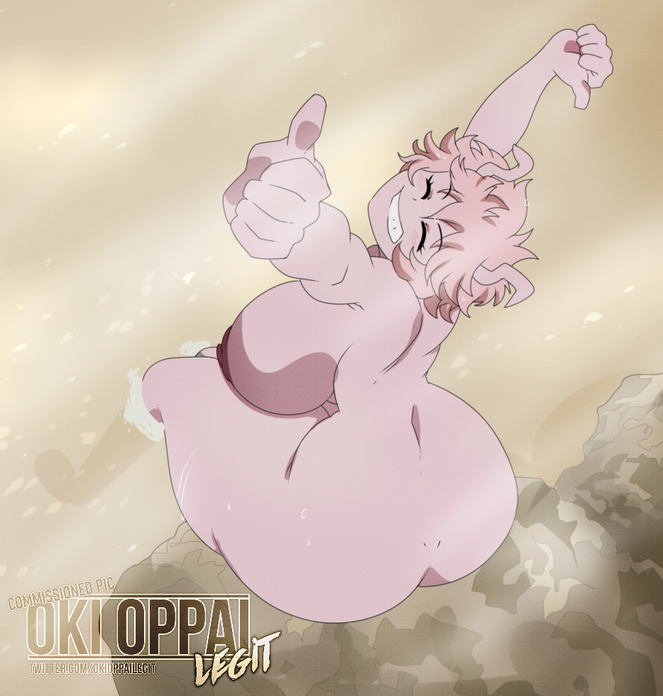 1girls, areolae, arms up, ass, big ass, big breasts, big butt, breasts, canonical scene, clenched fist, clenched hand, closed eyes, edit, female, female only, grin, horns, hot spring, huge ass, huge breasts, mina ashido, my hero academia, naked, nipples, nude, okioppai, onsen, partially submerged, pink hair, pink skin, rock, short hair, shounen jump, sitting, smile, stretching, thick thighs, thumbs up, voluptuous, water, wet, wet body