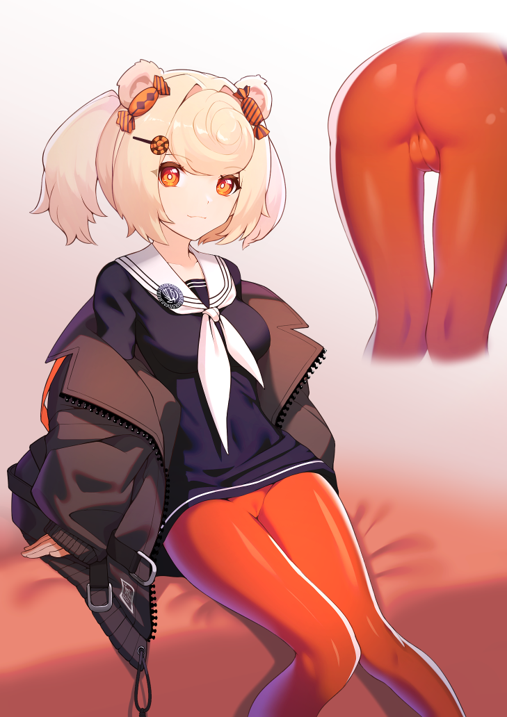 2020 animal_humanoid arknights ass blonde_hair breasts cameltoe clothing ett female gummy_(arknights) hair humanoid jacket looking_at_viewer mammal mammal_humanoid sailor_fuku smile solo tight_clothing topwear twintails ursid ursid_humanoid