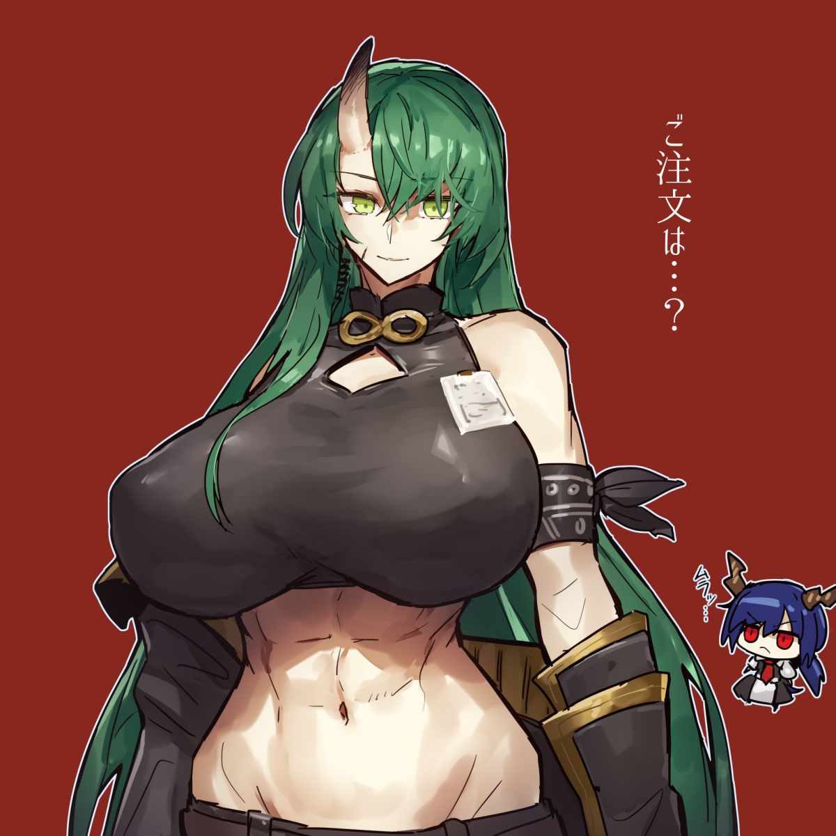 abs, arknights, big breasts, breasts, ch'en (arknights), curvy, demon, demon girl, detached sleeves, female, green eyes, green hair, horn, hoshiguma (arknights), huge breasts, light skin, light-skinned female, long hair, looking at viewer, melon22, muscular, muscular female, oni horns, pale skin, pale-skinned female, tank top, wide hips