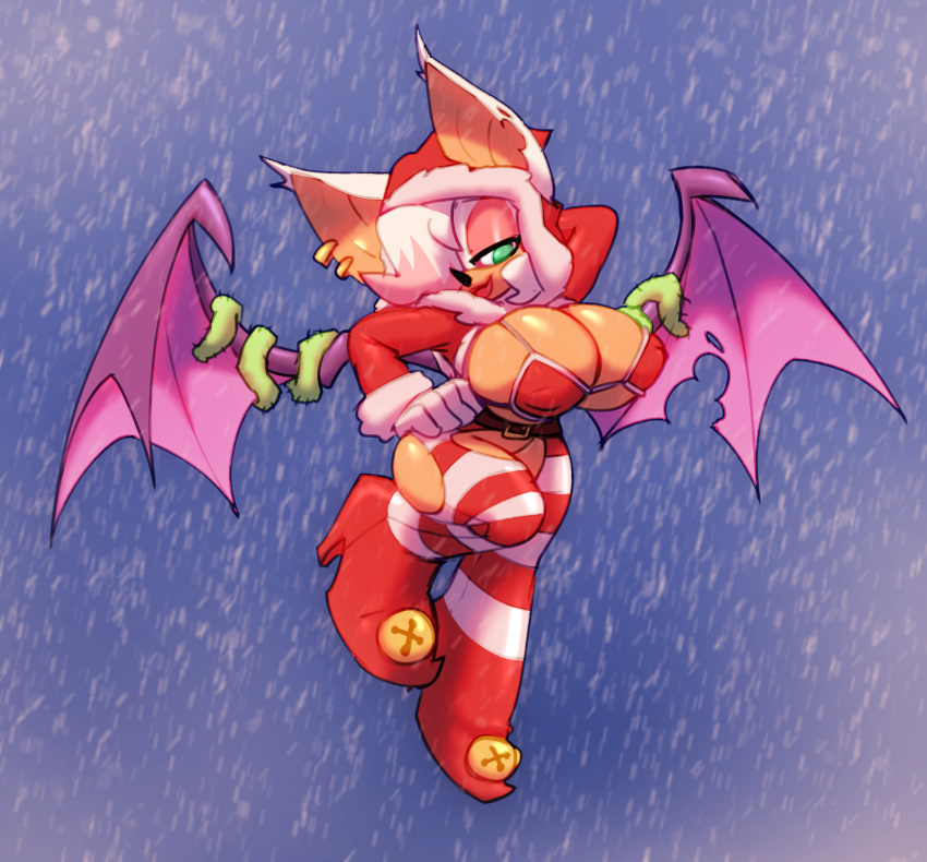 anthro, bat, bedroom eyes, bell, big breasts, bigdad, bikini, bikini top, breasts, chiropteran, christmas, christmas clothing, christmas headwear, clothing, female, footwear, hair, hair over eye, hat, headgear, headwear, hi res, high heels, holidays, legwear, mammal, narrowed eyes, one eye obstructed, pattern clothing, pattern legwear, pattern stockings, rouge the bat, santa hat, seductive, shoes, snow, solo, sonic (series), sonic the hedgehog (series), stockings, striped clothing, striped legwear, striped stockings, stripes, swimwear, wings