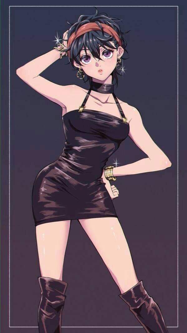 1girls, black dress, dress, female, genderswap, genderswap (mtf), headband, jojo's bizarre adventure, narancia ghirga, pencil dress, posing, purple eyes, rule 63, vento aureo