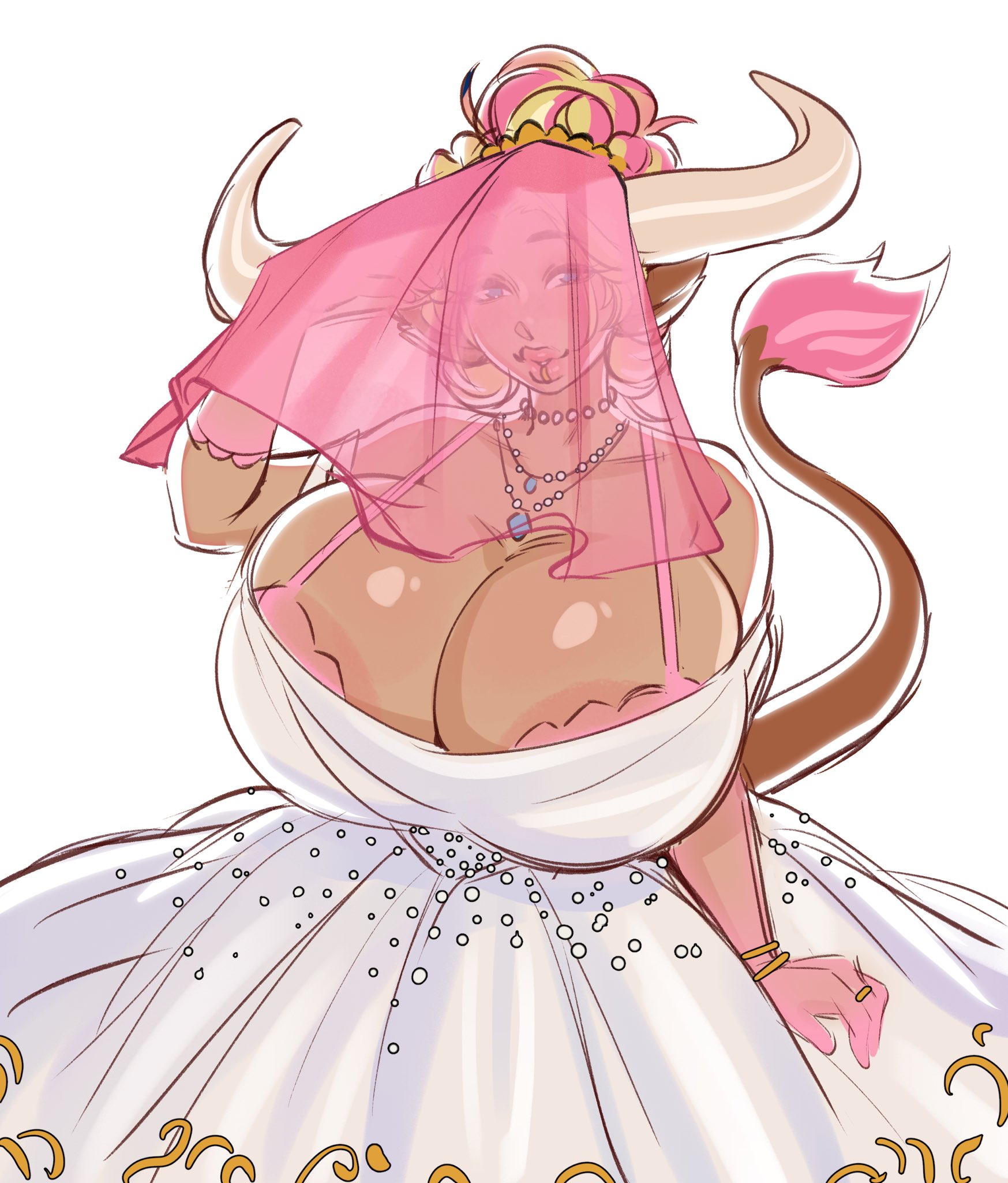 areola slip, areolae, armwear, artwithmoira, bella (cowprintbimbo), bimbo, bimbo body, bimbo lips, blonde hair, blue eyes, bovine humanoid, breasts, breasts bigger than head, bridal veil, cleavage, clothed, cow ears, cow girl, cow horns, cow tail, dress, full lips, hourglass figure, huge breasts, lip piercing, lip ring, lips, necklace, ombre hair, pearl necklace, pink eyeshadow, pink hair, pink lipstick, ring, thick thighs, thighs, thin waist, two tone hair, wedding dress, wedding veil, wide hips