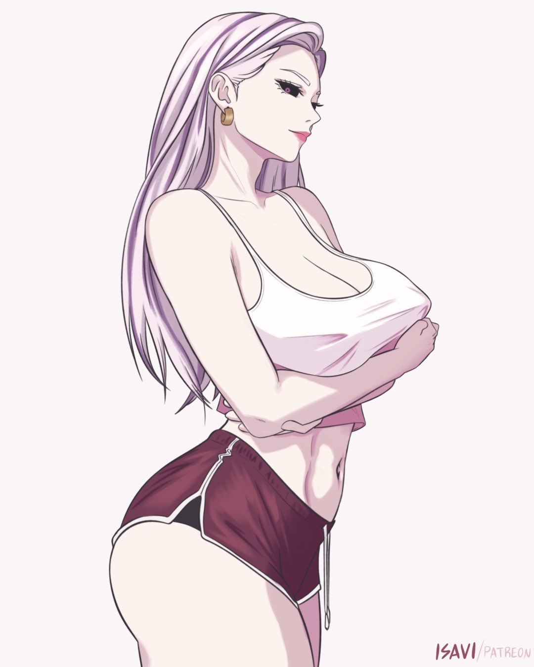 1girls, 2d, 2d (artwork), 2d artwork, adult, adult female, anime, anime character, arm under breasts, arms crossed, arms crossed under breasts, arms under breasts, background, baddie, belly, belly button, bewitching thighs, big boobs, big breasts, black sclera, blank background, breasts, busty, busty female, busty girl, child bearing hips, cleavage, collarbone, crossed arms, curvaceous, curvaceous body, curvaceous female, curvaceous figure, curvaceous hips, curvy, curvy body, curvy female, curvy figure, curvy hips, digital, digital art, digital drawing, digital drawing (artwork), digital media, digital media (artwork), drawing, ear piercing, earrings, elbows, fanart, female, female focus, female only, fertile, fertile hips, fingers, fit female, from side, groin, head tilt, hourglass figure, isavi, jujutsu kaisen, large boobs, large breasts, lascivious, lean figure, light skin, light skin female, light skinned, light skinned female, light-skinned, light-skinned female, lip gloss, lips, lipstick, long hair, looking at viewer, mappa, mature, mature female, mature woman, midriff, monotone background, narrow waist, navel, one color background, pale, pale skin, pale skinned female, pale-skinned female, pierced ear, pink eyes, pink hair, pink hair female, pink lips, pink lipstick, pink-eyed female, pink-haired female, plain background, portrait, profile, red shorts, shorts, shoulders, shueisha, side view, slender body, slender waist, slim female, slim waist, solid color background, solo, standing, tank top, thick thighs, thighs, three-quarter view, tilted head, top view, topwear, upper body, uro takako, voluptuous, voluptuous body, voluptuous female, voluptuous figure, voluptuous woman, weekly shonen jump, white background, white skinned female, white tank top, white topwear, white-skin, white-skinned female, wide hips, woman