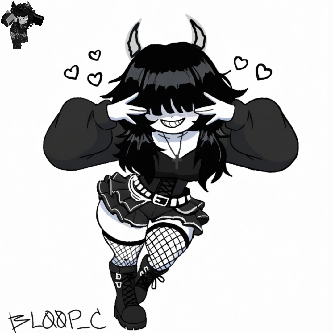 1girls, bl00p, black hair, boots, emo, female, female only, fishnet clothing, fishnets, goth, grinning, hair covering eyes, messy hair, posing, reference image, request, roblox, roblox avatar, robloxian, self upload, sfw, thighs, white body