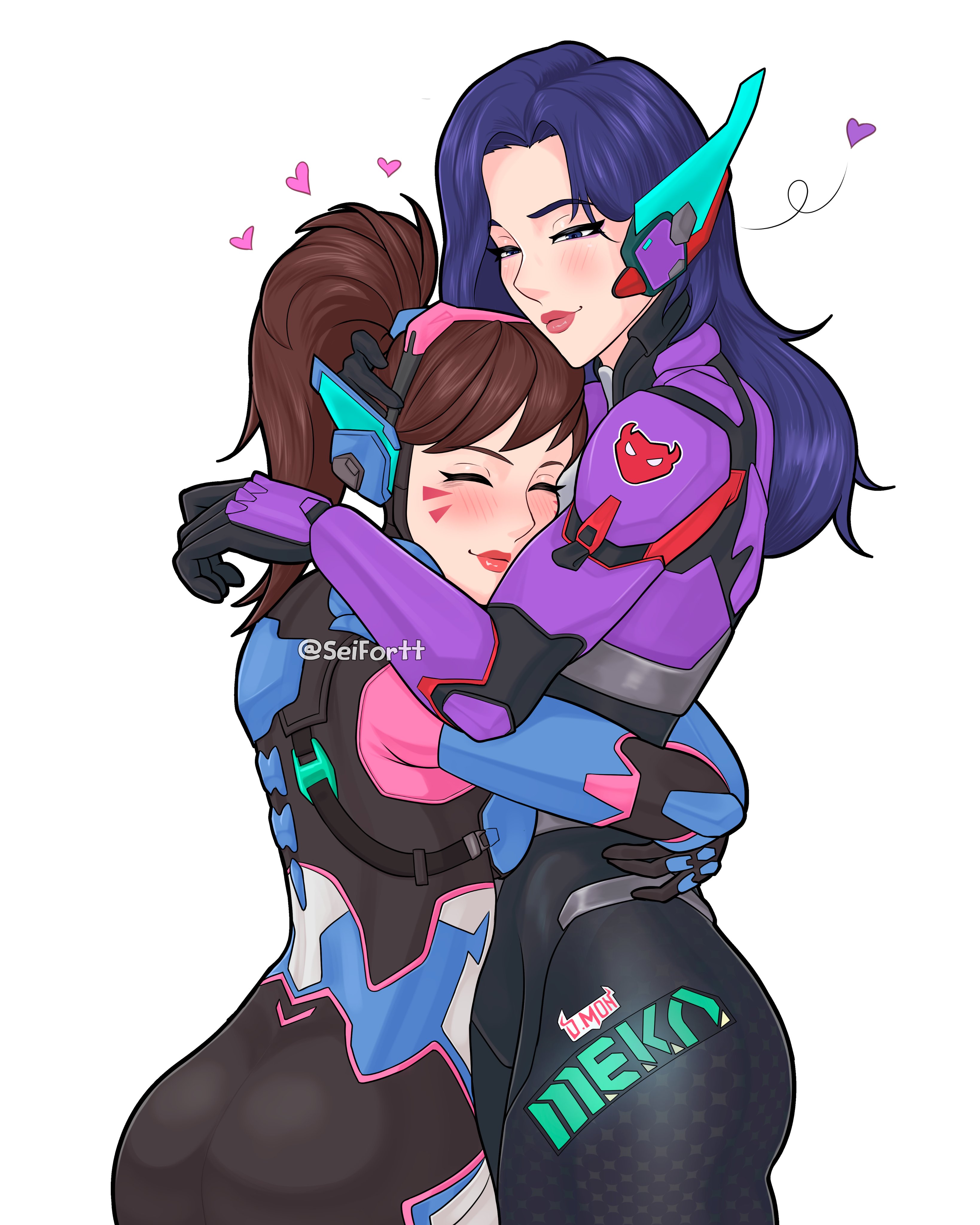 2girls, artist name, clothed, clothed female, cuddling, cute, d.mon, d.va, d.va (overwatch 2 suit), embrace, female, female only, fully clothed, gloves, hana song, heroines, hugging, overwatch, overwatch 2, part 1, seifortt, sfw, wholesome, yuna lee, yuri