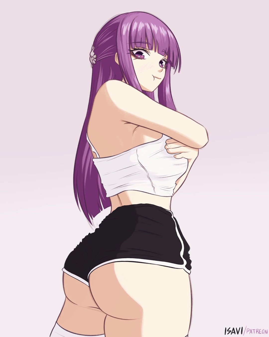 :t, 1girls, 2d, 2d (artwork), 2d artwork, adult, adult female, anime, anime character, ass, ass cleavage, ass crack, back, back view, background, behind view, big boobs, big breasts, black shorts, blunt bangs, breasts, busty, busty female, busty girl, butt, caressing breasts, curvaceous, curvaceous body, curvaceous female, curvaceous figure, curvaceous hips, curvy, curvy ass, curvy body, curvy female, curvy figure, curvy hips, digital, digital art, digital drawing, digital drawing (artwork), digital media, digital media (artwork), drawing, elbows, eyebrows visible through hair, fanart, female, female focus, female only, female protagonist, fern (sousou no frieren), fingernails, fingers, fondling, fondling breasts, fondling own breast, fondling self, from behind, from below view, from side, gluteal fold, grey background, groin, grope, groping, groping breast, groping breasts, groping chest, groping own breast, groping own breasts, groping self, half updo, hand on breast, hand on chest, hand on own breast, hand on own chest, hands on breasts, hands on chest, hands on own breasts, hands on own chest, head tilt, huge boobs, huge breasts, inframammary fold, isavi, large boobs, large breasts, lean figure, legwear, long hair, looking at viewer, looking down, looking down at viewer, looking sideways, looking to the side, low angle view, low-angle shot, madhouse, mage, mature, mature female, mature woman, median furrow, monotone background, narrow waist, one color background, plain background, plump breasts, portrait, pout, pouting, pouting at viewer, pouting lips, pouty lips, purple eyebrows, purple eyes, purple hair, purple-eyed female, purple-haired female, rear view, self fondle, self grope, shorts, shoulders, side view, sideboob, slender body, slender waist, slim female, slim waist, solid color background, solo, sousou no frieren, standing, stockings, tank top, thick ass, thick butt, thick thighs, thigh highs, thighhighs, thighs, tilted head, top view, topwear, touching breast, touching breasts, upper body, view from below, viewed from behind, viewed from below, white legwear, white pupils, white stockings, white tank top, white thigh highs, white thighhighs, white topwear, wide hips, woman