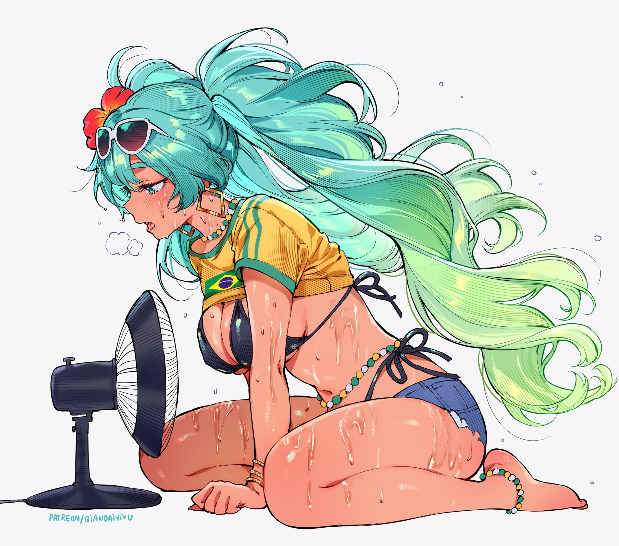 1girls, anklet, aqua eyes, aqua hair, barefoot, bead necklace, beads, big breasts, bikini, bikini bottom, bikini under clothes, black bikini, bracelet, bracelets, brazilian, brazilian flag print, brazilian miku, breasts, cleavage, clothed, clothed female, cooling off, denim, denim short shorts, denim shorts, earrings, fan, feet, female, flower in hair, flower ornament, gradient hair, green eyes, green hair, hand on floor, hatsune miku, heat (temperature), hot, jewelry, kneeling, large breasts, long hair, mouth open, multicolored hair, navel, necklace, on knees, qiandaiyiyu, shirt lift, short shorts, shorts, sideboob, solo, stomach, sunglasses, sunglasses on head, sweat, sweating, sweating female, sweating profusely, swimwear, tanned, tanned skin, tanned-skinned female, thick-thighs, thighs, tongue, tummy, twin tails, very sweaty, vocaloid, waistlet, wariza
