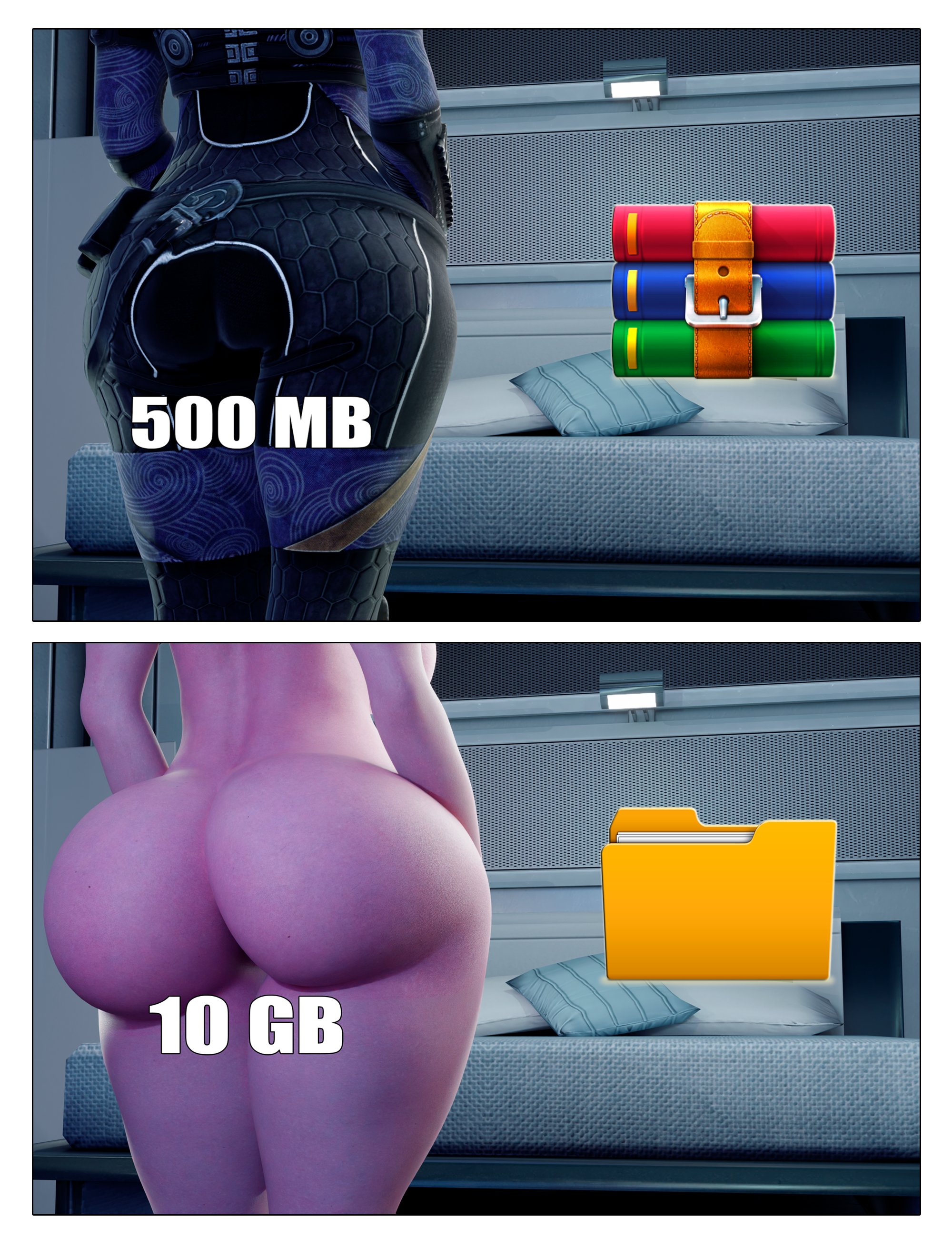 1girls, 2 panel comic, 3d, 3d (artwork), alien, alien girl, ass, ass expansion, ass focus, big ass, bottom heavy, bubble butt, clothing, fat ass, female, female only, gluteal fold, huge ass, large ass, mass effect, massive ass, meme, nude, nude female, quarian, rear view, rodler-h8, solo, tali'zorah nar rayya, thick ass, thick thighs, thunder thighs, wide hips