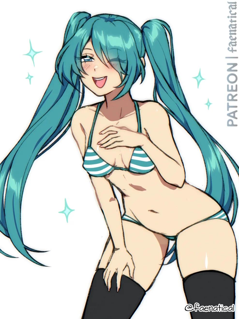 ;), 1girls, 2d, 2d (artwork), 2d artwork, almost naked, almost nude, average breasts, background, bare arms, bare belly, bare chest, bare hands, bare hips, bare midriff, bare navel, bare shoulders, bare skin, bare thighs, belly, belly button, bikini, bikini bottom, bikini top, black legwear, black stockings, black thigh highs, black thighhighs, blank background, blue bikini, blue bikini bottom, blue bikini top, blue eyebrows, blue eyes, blue hair, blue swimsuit, blue swimwear, blue-eyed female, blue-haired female, blush face, blush lines, blushing, blushing at viewer, blushing female, blushing lines, breasts, breasts apart, collarbone, curvaceous, curvaceous body, curvaceous female, curvaceous figure, curvaceous hips, curvy, curvy body, curvy female, curvy figure, curvy hips, cyan eyes, cyan hair, cyan-eyed female, cyan-haired female, digital, digital art, digital drawing, digital drawing (artwork), digital media, digital media (artwork), drawing, elbows, exposed, exposed arms, exposed belly, exposed chest, exposed hips, exposed midriff, exposed navel, exposed shoulders, exposed skin, exposed thighs, eye closed, eyebrows visible through hair, faenatical, female, female focus, female only, fingernails, fingers, flushed, flushed face, from front, front view, groin, hair covering eye, hair over eye, hair over one eye, halterneck, hand on chest, hand on leg, hand on own chest, hand on own leg, hand on own thigh, hand on thigh, hatsune miku, inframammary fold, inguinal crease, inguinal ligament, lean figure, leaning, leaning forward, legwear, long hair, looking at viewer, medium breasts, midriff, monotone background, mostly nude, naked, naked female, naked woman, narrow waist, navel, nearly nude, nipple bulge, nude, nude female, nudity, one color background, one eye closed, one eye open, open mouth, open mouth smile, parted lips, plain background, portrait, practically nude, shoulders, sidelocks, skindentation, slender body, slender waist, slim female, slim waist, smile, smiley face, smiling, smiling at viewer, solid color background, solo, standing, stockings, string bikini, striped bikini, striped bikini bottom, striped bikini top, striped swimsuit, striped swimwear, swimsuit, swimwear, thick thighs, thigh gap, thigh highs, thighhighs, thighs, tongue, top view, touching chest, touching leg, touching thigh, twintails, twintails (hairstyle), upper body, upper teeth, very long hair, very long hair female, vocaloid, white background, white bikini, white bikini bottom, white bikini top, white swimsuit, white swimwear, wide hips, wink, winking, winking at viewer, winking eye