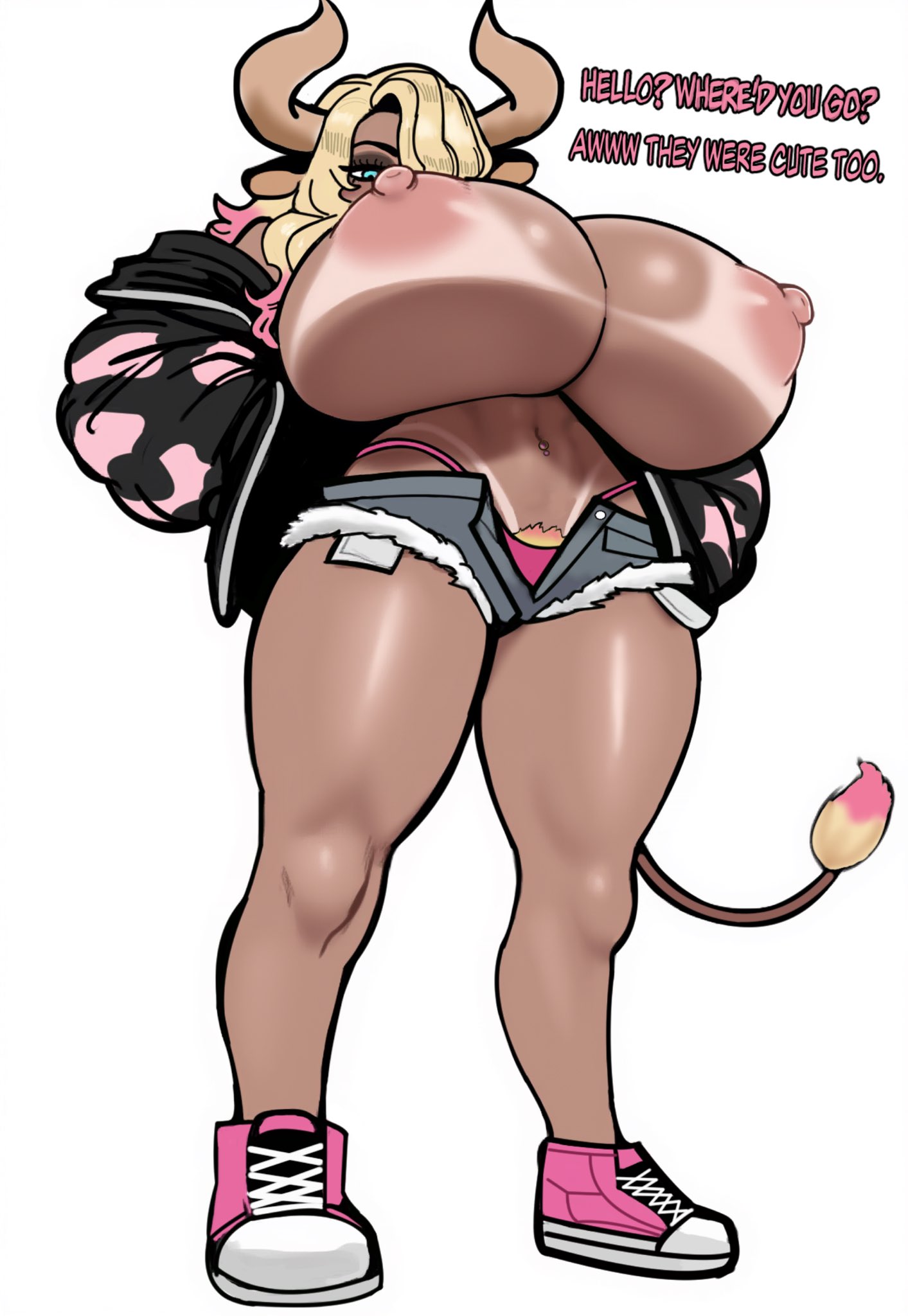 areolae, bella (cowprintbimbo), belly piercing, bimbo, bimbo body, bimbo lips, blonde hair, blue eyes, bovine humanoid, breasts, breasts bigger than head, breasts out, clothed, cow ears, cow girl, cow horns, cow tail, gigantic breasts, hourglass figure, huge breasts, jacket, jacket off shoulders, looking down, looking down at viewer, low-angle view, mischievous z, nipples, ombre hair, pink hair, shoes, short shorts, shorts, sneakers, tan lines, thick thighs, thighs, thin waist, two tone hair, whale tail (clothing), wide hips