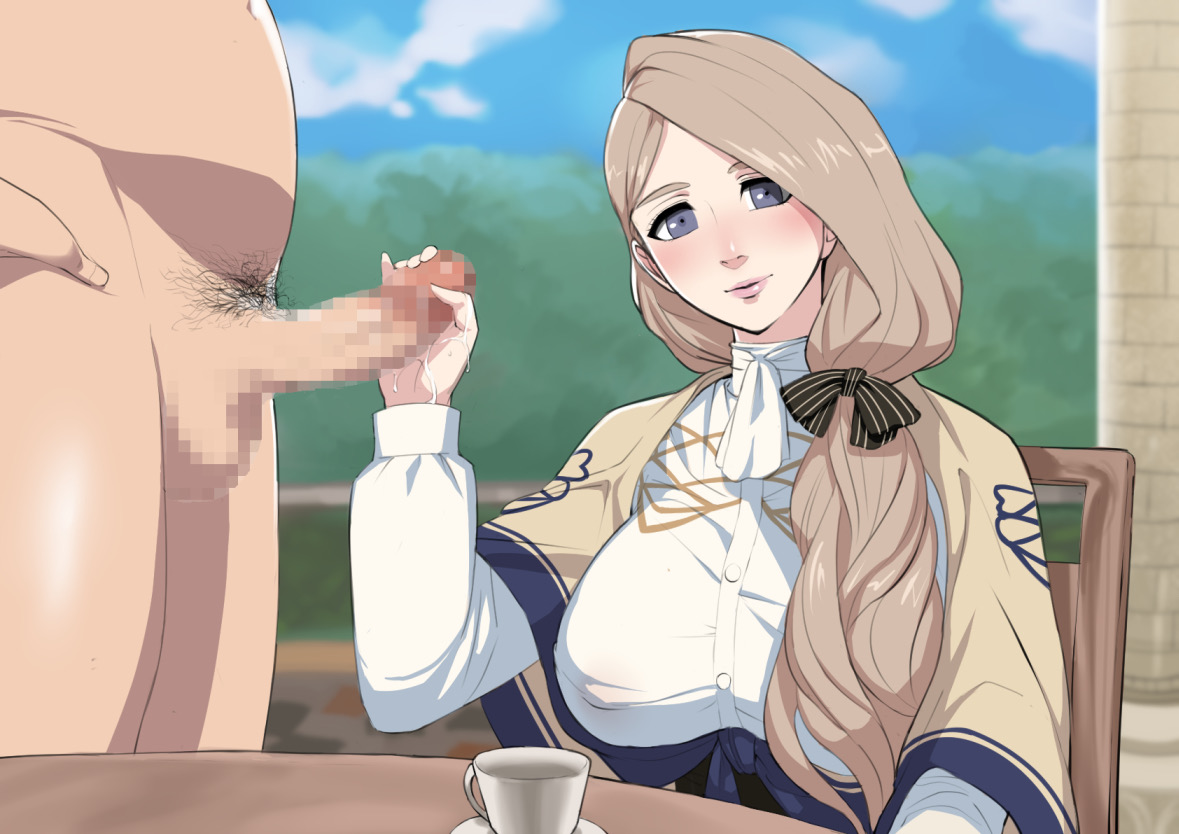 1boy, 1girls, akizora, brown hair, censored, clothed female, clothed female nude male, faceless male, female, fire emblem, fire emblem: three houses, garreg mach monastery uniform, handjob, looking at viewer, male, mercedes von martritz, nintendo, nipples visible through clothing, nude, nude male, outdoors, penis, precum on hand, sitting, teacup