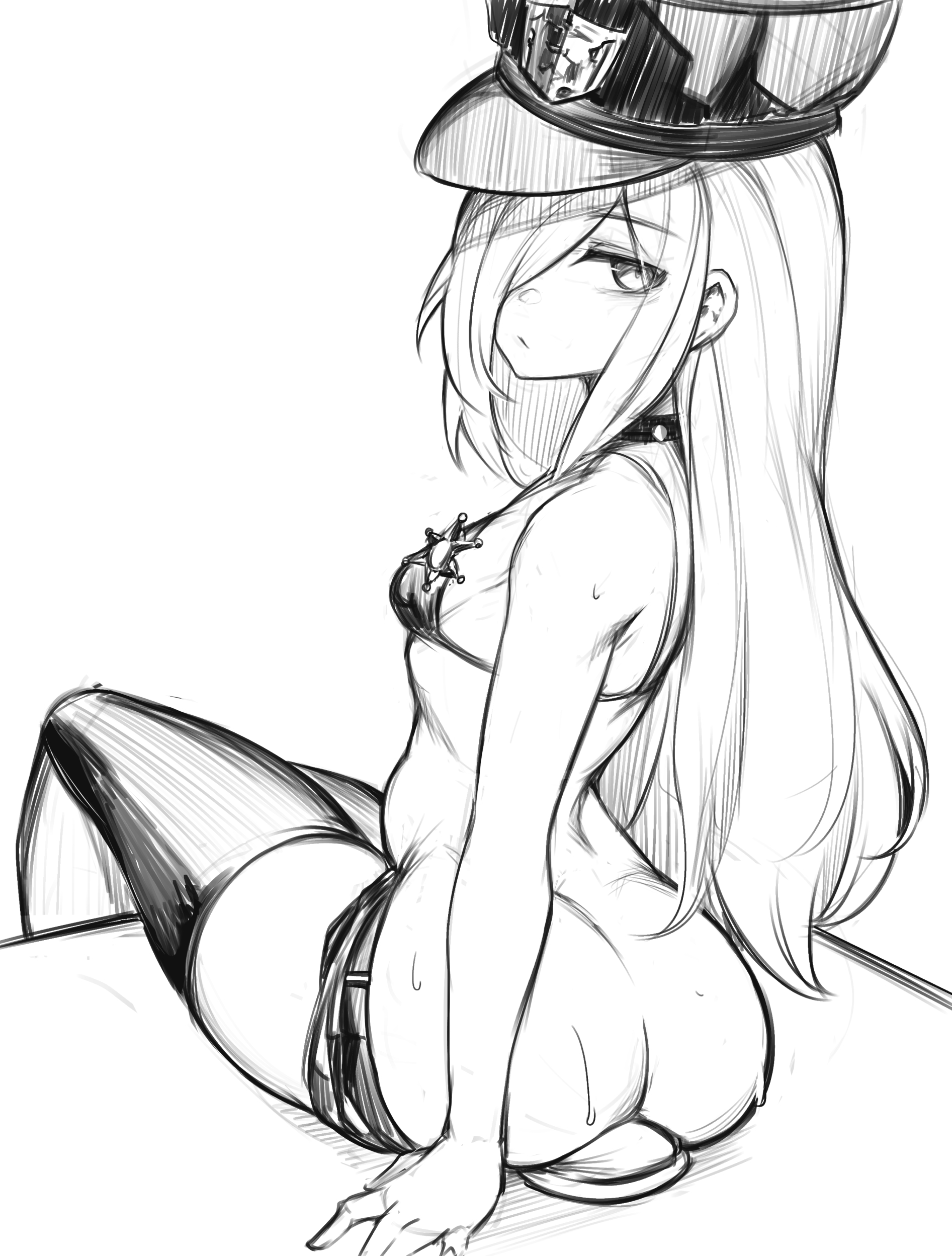 1girls, anal, anal training, ass, bikini, bikini top, binbougami ga!, breasts, bulge, clothed, dildo, dildo in ass, dildo insertion, dildo sitting, female, greenopi, hair over one eye, hat, large insertion, looking at viewer, looking over shoulder, momiji (binbougami ga!), petite, petite body, petite female, police, simple background, sitting on dildo, small breasts, solo, teenager, thighhigh boots, thighhighs, white background