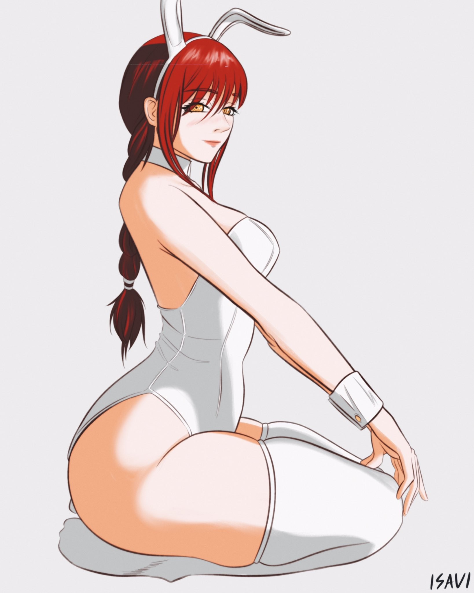 1girls, 2d, 2d (artwork), 2d artwork, adult, adult female, anime, anime character, ankles, ass, background, baddie, bewitching thighs, big boobs, big breasts, blank background, braid, braided hair, braided ponytail, breasts, bunny costume, bunny ears, bunnygirl, bunnygirl outfit, bunnysuit, busty, busty female, busty girl, calves, chainsaw man, child bearing hips, closed mouth smile, collar, collarbone, curvaceous, curvaceous body, curvaceous female, curvaceous figure, curvaceous hips, curvy, curvy ass, curvy body, curvy female, curvy figure, curvy hips, digital, digital art, digital drawing, digital drawing (artwork), digital media, digital media (artwork), drawing, eyebrows visible through hair, fanart, feet, female, female focus, female only, fertile, fertile hips, full body, hair between eyes, hand on knee, hand on leg, hand on own knee, hand on own leg, hands on knees, hands on legs, hands on own knees, hands on own legs, hourglass figure, isavi, knees, large boobs, large breasts, lascivious, lean figure, legs, legs folded, legwear, leotard, light smile, long hair, looking at viewer, looking sideways, looking to the side, makima (chainsaw man), mappa, mature, mature female, mature woman, monotone background, narrow waist, nipple bulge, one color background, plain background, ponytail, portrait, red hair, red-haired female, ring eyes, ringed eyes, seiza, shonen jump, shoulders, shueisha, sitting, sitting on ass, sitting on feet, sitting on knees, sitting on leg, sitting on soles, skindentation, slender body, slender waist, slight smile, slim female, slim waist, smile, smiley face, smiling, smiling at viewer, soles, solid color background, solo, stockings, thick thighs, thigh highs, thighhighs, thighs, topwear, touching knee, touching knees, touching leg, touching legs, touching own knee, touching own knees, touching own leg, touching own legs, weekly shonen jump, white background, white bunny ears, white bunnysuit, white collar, white hairband, white legwear, white leotard, white stockings, white thigh highs, white thighhighs, white topwear, white wrist cuffs, wide hips, woman, wrist cuffs, yellow eyes, yellow-eyed female