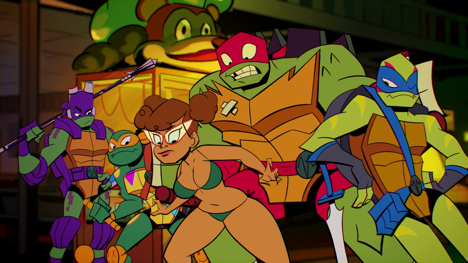 1girls, 4boys, afro puffs, april o'neil, april o'neil (rise of the tmnt), bikini, brother, brothers, dark skin, dark-skinned female, female, male, rise of the teenage mutant ninja turtles, sb99, scobionicle99, screencap, screenshot, screenshot edit, teenage mutant ninja turtles, turtle