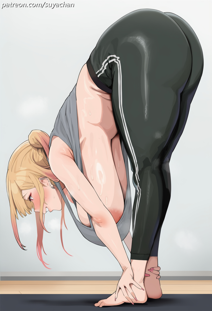 1girls, ai generated, ai slop, ass, bangs, bent over, blonde hair, blush, breast window, breasts, cleavage, clothing, covered navel, curvaceous, curvaceous female, curvaceous figure, curvy, curvy figure, ear piercing, earrings, exercise, exercise clothing, exercise mat, exercising, feet, female, female focus, female only, fingernails, gradient hair, grey shirt, grin, gyaru, huge ass, huge breasts, indoors, inviting to sex, jewelry, kitagawa marin, large breasts, long fingernails, long hair, marin kitagawa, multicolored hair, my dress up darling, nail polish, pants, piercing, pink nails, presenting, presenting ass, presenting breasts, presenting hindquarters, presenting self, red eyes, seductive, seductive look, seductive smile, see-through silhouette, shirt, short sleeves, slim waist, smile, solo, sono bisque doll wa koi wo suru, steam, steaming body, steamy breath, stretching, suyachan, sweat, sweatdrop, sweating, sweaty, sweaty body, t-shirt, teenage female, teenage girl, teenager, thick thighs, thighs, tight clothes, tight clothing, tight fit, tight pants, voluptuous, voluptuous female, wide hips, yoga, yoga mat, yoga pants, yoga pose