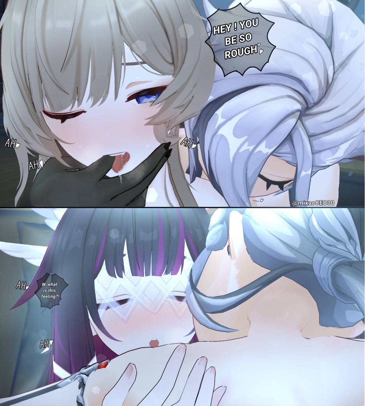 3d, 3d (artwork), 3girls, arlecchino (genshin impact), bangs, biting, biting neck, black and white hair, brown hair, columbina (genshin impact), dominant female, finger sucking, fingers, fingers in mouth, genshin impact, lesbian, lesbian sex, long hair, on top of another, purple hair, rough sex, sandrone (genshin impact), submissive female, talking to partner, yuri