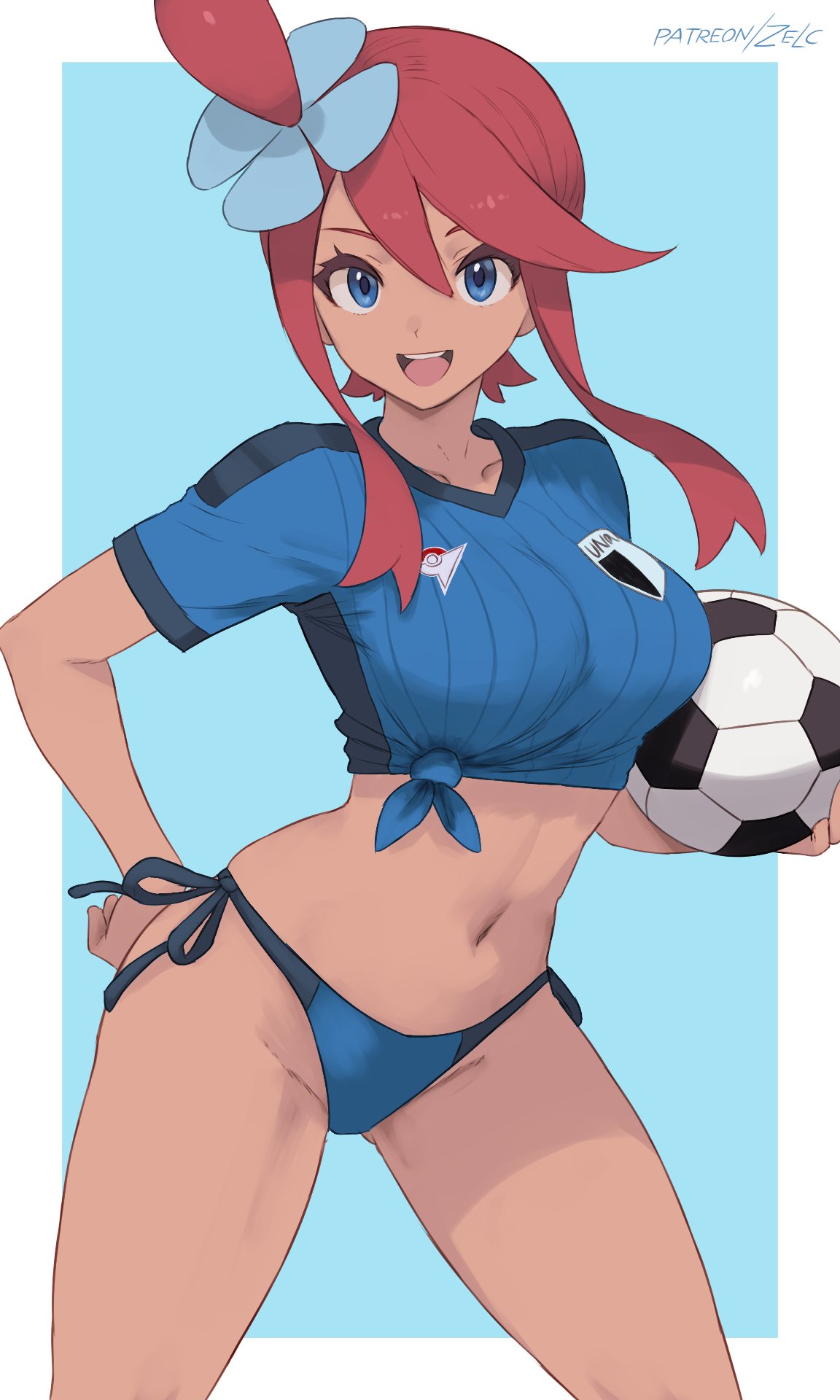 1girl ball big_breasts bikini blue_background blue_bikini blue_eyes border breasts collarbone dark-skinned_female dark_skin game_freak hair_between_eyes hair_ornament highres holding holding_ball long_hair looking_at_viewer medium_breasts medium_hair nintendo one_side_up open_mouth patreon_username pokemon pokemon_black_and_white pokemon_bw red_hair shirt short_hair_with_long_locks side-tie_bikini_bottom sidelocks simple_background skyla_(pokemon) soccer_ball soccer_uniform solo sportswear standing swept_bangs swimsuit teeth thighs tied_shirt upper_teeth_only white_border zelc-face