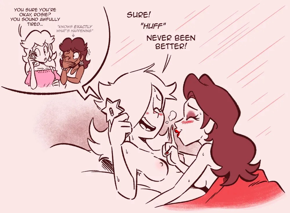 brandon santiago (artist), dark skin, electronics, female, group, human, interrupted, lesbian, lesbian sex, mario (series), on phone, pale skin, pauline, pauline (mario), phone, princess daisy, princess peach, princess rosalina, rosalina, rosalina (mario), secret sex, yuri