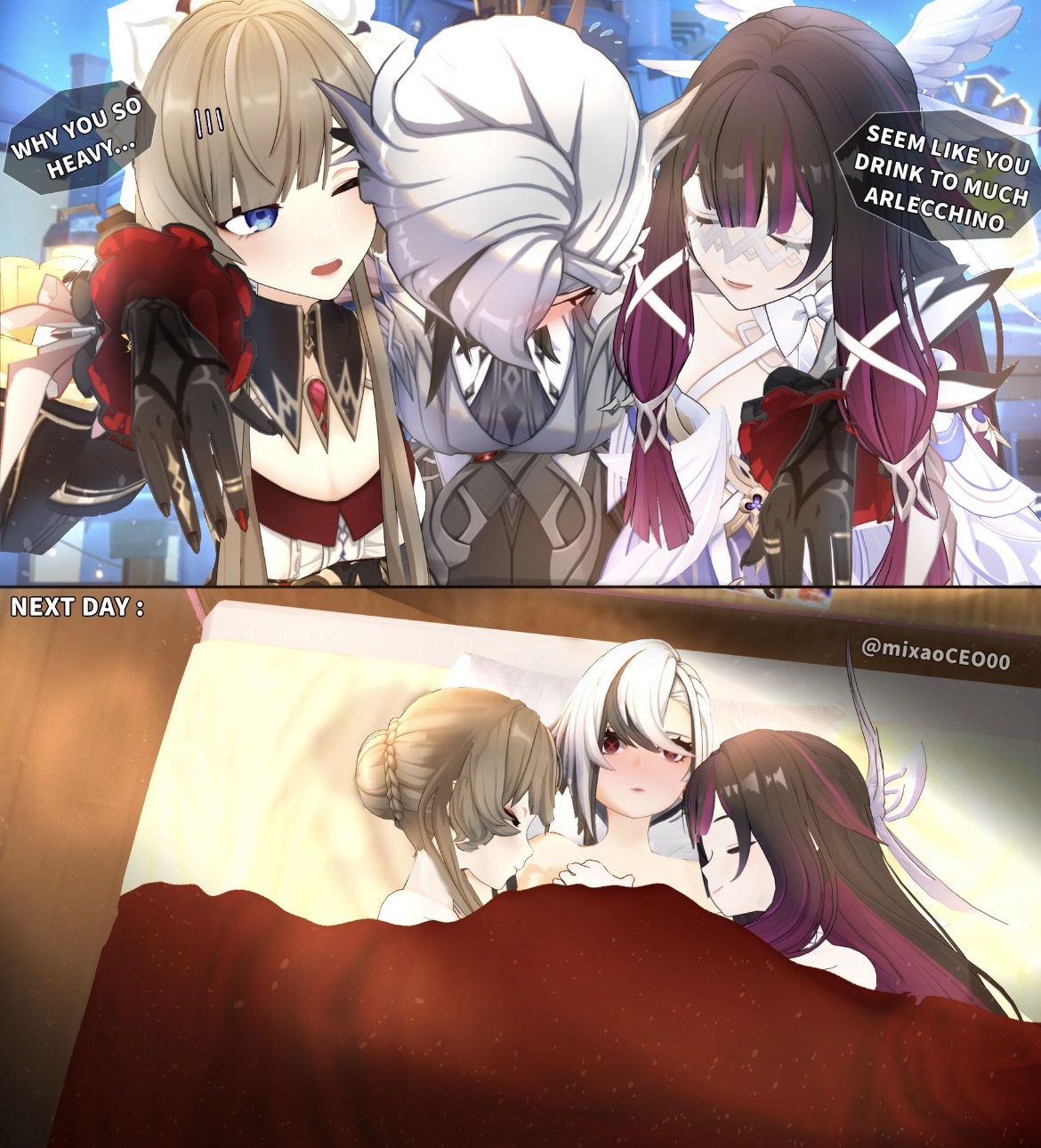 3d, 3d (artwork), 3girls, after sex, arlecchino (genshin impact), bangs, bed, black and white hair, brown hair, columbina (genshin impact), drunk, drunk sex, female/female/female, fully nude, genshin impact, hair bun, hair over eyes, lesbian, lesbian sex, long hair, purple hair, sandrone (genshin impact), yuri