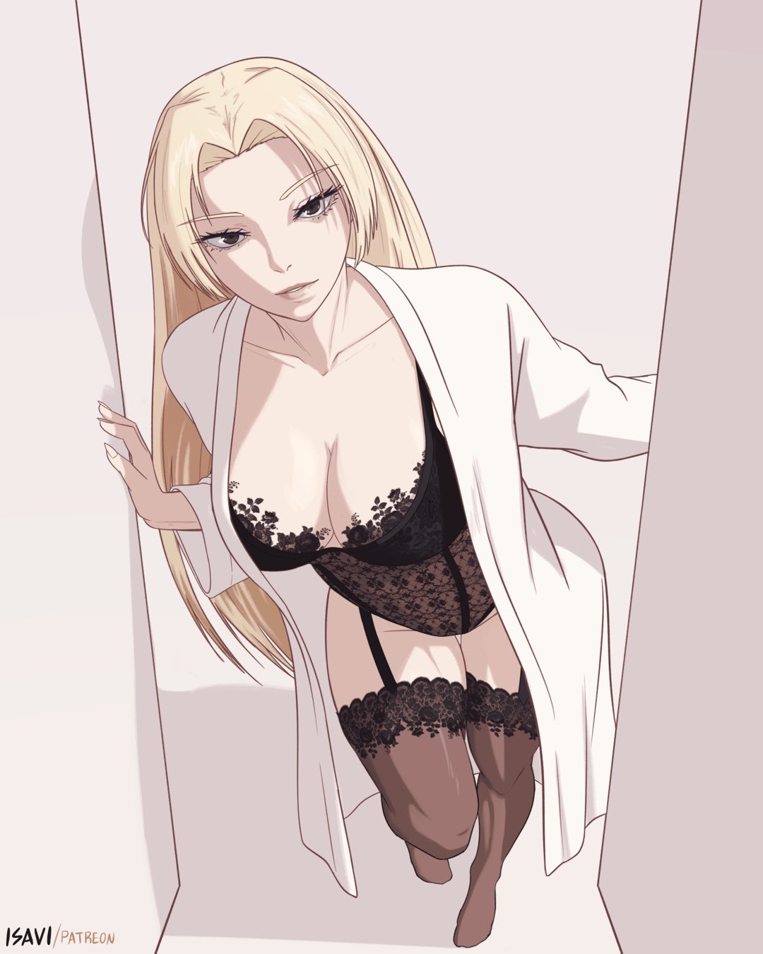 1girls, 2d, 2d (artwork), 2d artwork, adult, adult female, anime, anime character, arm support, background, big boobs, big breasts, black leotard, black topwear, blank background, blonde, blonde female, blonde hair, blonde hair female, blonde-haired female, breasts, brown eyes, brown legwear, brown stockings, brown thigh highs, brown thighhighs, brown-eyed female, busty, busty female, busty girl, calves, cleavage, collarbone, curvaceous, curvaceous body, curvaceous female, curvaceous figure, curvaceous hips, curvy, curvy body, curvy female, curvy figure, curvy hips, digital, digital art, digital drawing, digital drawing (artwork), digital media, digital media (artwork), drawing, eyebrows visible through hair, fanart, feet, female, female focus, female only, fingernails, fingers, full body, garter straps, groin, hair intakes, head tilt, hourglass figure, inguinal crease, inguinal ligament, isavi, jujutsu kaisen, knees, lace leotard, lace topwear, lace-trimmed legwear, lace-trimmed leotard, lace-trimmed stockings, lace-trimmed thigh highs, lace-trimmed thighhighs, large boobs, large breasts, lean figure, leaning, leaning forward, legs, legwear, leotard, long hair, looking at viewer, mappa, mature, mature female, mature woman, monotone background, narrow waist, one color background, plain background, portrait, shoulders, shueisha, slender body, slender waist, slim female, slim waist, solid color background, solo, standing, stockings, streaked hair, thick thighs, thigh highs, thighs, tilted head, topwear, weekly shonen jump, white background, wide hips, woman, yuki tsukumo
