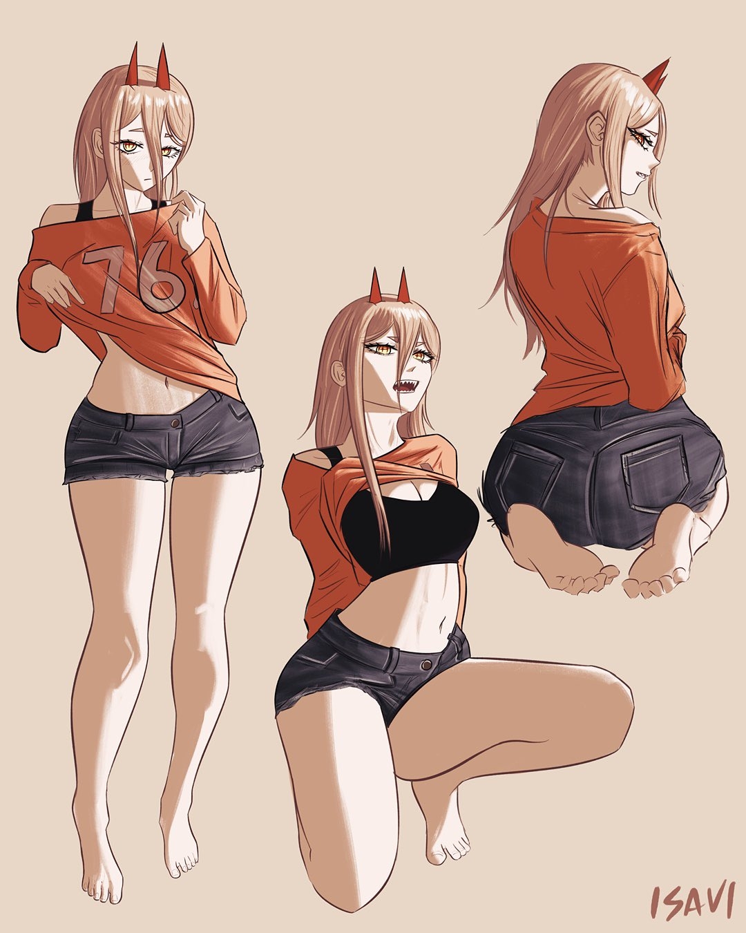 1girls, 2d, 2d (artwork), 2d artwork, alternate body type, alternate breast size, alternate breast size (larger), anime, anime character, ankles, arm behind back, ass, average breasts, back view, background, baddie, bare calves, bare hands, bare knees, bare legs, bare navel, bare skin, bare soles, bare thighs, bare toes, barefoot, behind view, belly, belly button, bewitching thighs, black bra, black underwear, blonde, blonde female, blonde hair, blonde hair female, blonde-haired female, bra, breasts, brown background, calves, chainsaw man, child bearing hips, cleavage, clothes, clothes aside, clothes lift, clothes pull, clothes up, collarbone, crosshair pupils, curvaceous, curvaceous body, curvaceous female, curvaceous figure, curvaceous hips, curvy, curvy body, curvy female, curvy figure, curvy hips, demon, devil, digital, digital art, digital drawing, digital drawing (artwork), digital media, digital media (artwork), drawing, exposed legs, exposed navel, exposed skin, exposed thighs, exposed toes, fanart, feet, female, female focus, female only, fertile, fertile hips, fingernails, fingers, from behind, from front, front view, full body, full body view, groin, hair between eyes, hand behind back, head tilt, horn, horns, hourglass figure, isavi, jean shorts, kneeling, kneeling female, kneeling on floor, kneeling on ground, knees, lascivious, lean figure, legs, legs folded, long hair, looking at viewer, looking back, looking back at viewer, looking down, looking down at viewer, mappa, medium breasts, monotone background, multiple views, nape, narrow waist, navel, no shoes, one color background, open mouth, parted lips, plain background, portrait, power (chainsaw man), profile, rear view, red horn, red horns, seiza, shirt, shirt aside, shirt lift, shirt pull, shirt up, shonen jump, shoulders, shueisha, sitting, sitting on ass, sitting on feet, sitting on knees, sitting on leg, sitting on soles, slender body, slender waist, slim female, slim waist, soles, solid color background, solo, sports bra, sports underwear, standing, thigh gap, thighs, three-quarter view, tilted head, toes, tongue, topwear, topwear aside, topwear lift, topwear pull, topwear up, underwear, upper teeth, viewed from behind, voluptuous, voluptuous body, voluptuous female, voluptuous figure, voluptuous woman, weekly shonen jump, wide hips, yellow eyes, yellow-eyed female