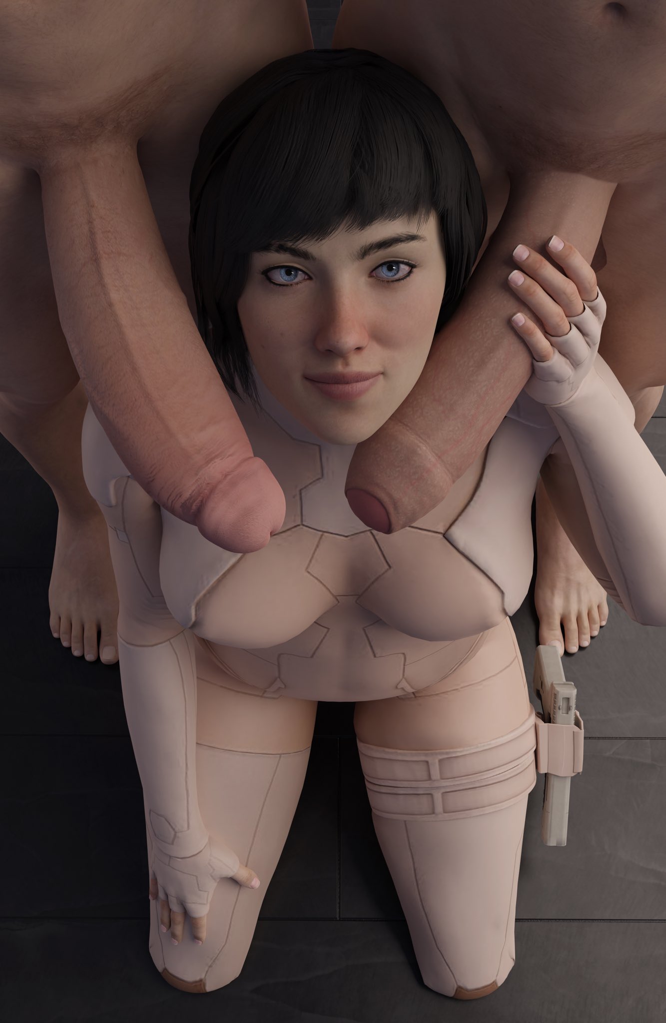 1girls 2boys 3d big_balls big_penis black_hair blue_eyes emberstock foreskin ghost_in_the_shell ghost_in_the_shell_(2017) gun human human_male kusanagi_motoko light-skinned_male light_skin partial_male pistol scarlett_johansson tagme thigh_holster threesome uncircumcised uncut