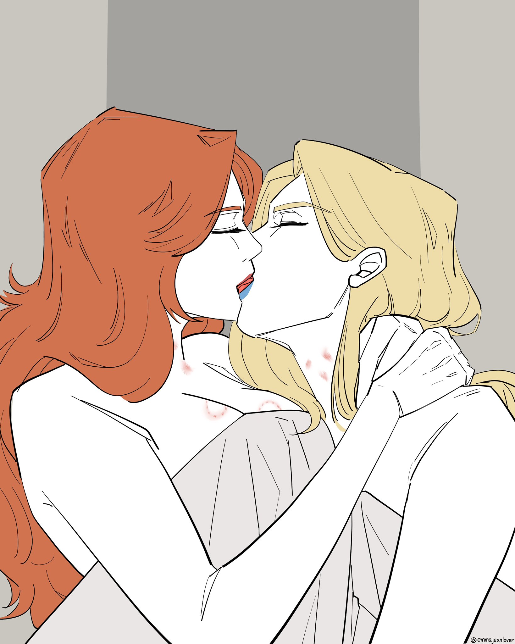 2d, 2girls, bite mark, bite mark on breast, bite marks, blanket, blanket only, blonde hair, convenient censoring, convenient censorship, emma frost, emma frost (marvel rivals), female, female only, female/female, french kiss, french kissing, ginger hair, hickey, hickey marks, hickeys, hickeys on neck, hickies, implied after sex, jean grey, kissing, lesbian, lesbian kiss, light skin, light-skinned female, limited color, limited palette, lipstick, long hair, making out, marvel, marvel comics, marvel rivals, phoenix (marvel rivals), phoenix (x-men), spicycheese, x-men, yuri