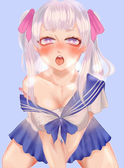 1girls, 4 nger, ahe gao, alternate costume, black clover, blue background, blush, bra strap, breast squish, breasts, cleavage, cute, female, female only, fringe, fully clothed, hairbow, heavy blush, heavy breathing, imminent oral, large breasts, long hair, looking at viewer, noelle silva, on knees, open mouth, oral, oral invitation, parted lips, plain background, purple eyes, royalty, saliva, school uniform, schoolgirl, seductive look, seductive mouth, silver hair, skirt, small fringe, solo, solo female, steamy breath, teenager, tongue, tongue out, twintails, violet eyes, watermark, white hair