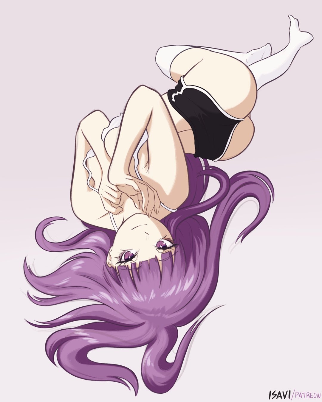 1girls, 2d, 2d (artwork), 2d artwork, adult, adult female, anime, anime character, ankles, ass, ass cleavage, ass crack, back, background, baddie, big boobs, big breasts, black shorts, blank background, blunt bangs, breasts, busty, busty female, busty girl, butt, calves, child bearing hips, closed mouth smile, collarbone, digital, digital art, digital drawing, digital drawing (artwork), digital media, digital media (artwork), drawing, elbows, eyebrows visible through hair, fanart, feet, female, female focus, female only, female protagonist, fern (sousou no frieren), fertile, fertile hips, fingernails, fingers, from above, full body, full body view, groin, head tilt, high-angle shot, huge boobs, huge breasts, isavi, knees, large boobs, large breasts, lascivious, lean figure, legs, legwear, light smile, long hair, looking at viewer, looking up, looking up at viewer, lying, lying down, lying on back, lying on floor, lying on ground, madhouse, mage, mature, mature female, mature woman, median furrow, monotone background, narrow waist, on back, on floor, one color background, plain background, plump breasts, portrait, posing, posing for the viewer, purple eyebrows, purple eyes, purple hair, purple-eyed female, purple-haired female, shorts, shoulders, slender body, slender waist, slight smile, slim female, slim waist, smile, smiley face, smiling, smiling at viewer, soles, solid color background, solo, sousou no frieren, stockings, tank top, thick ass, thick butt, thigh highs, thighhighs, thighs, tilted head, toes, topwear, viewed from above, white background, white legwear, white pupils, white stockings, white tank top, white thigh highs, white thighhighs, white topwear, wide hips, woman