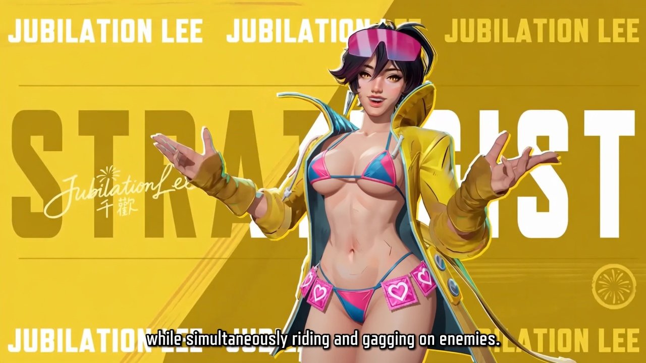 3rd party edit, ai assisted, ai generated, ai slop, alternate costume, arms out, bikini, breasts, cleavage, condom, condom wrapper, female, female only, jubilation lee, jubilee, jubilee (marvel rivals), marvel, marvel rivals, official art, smile