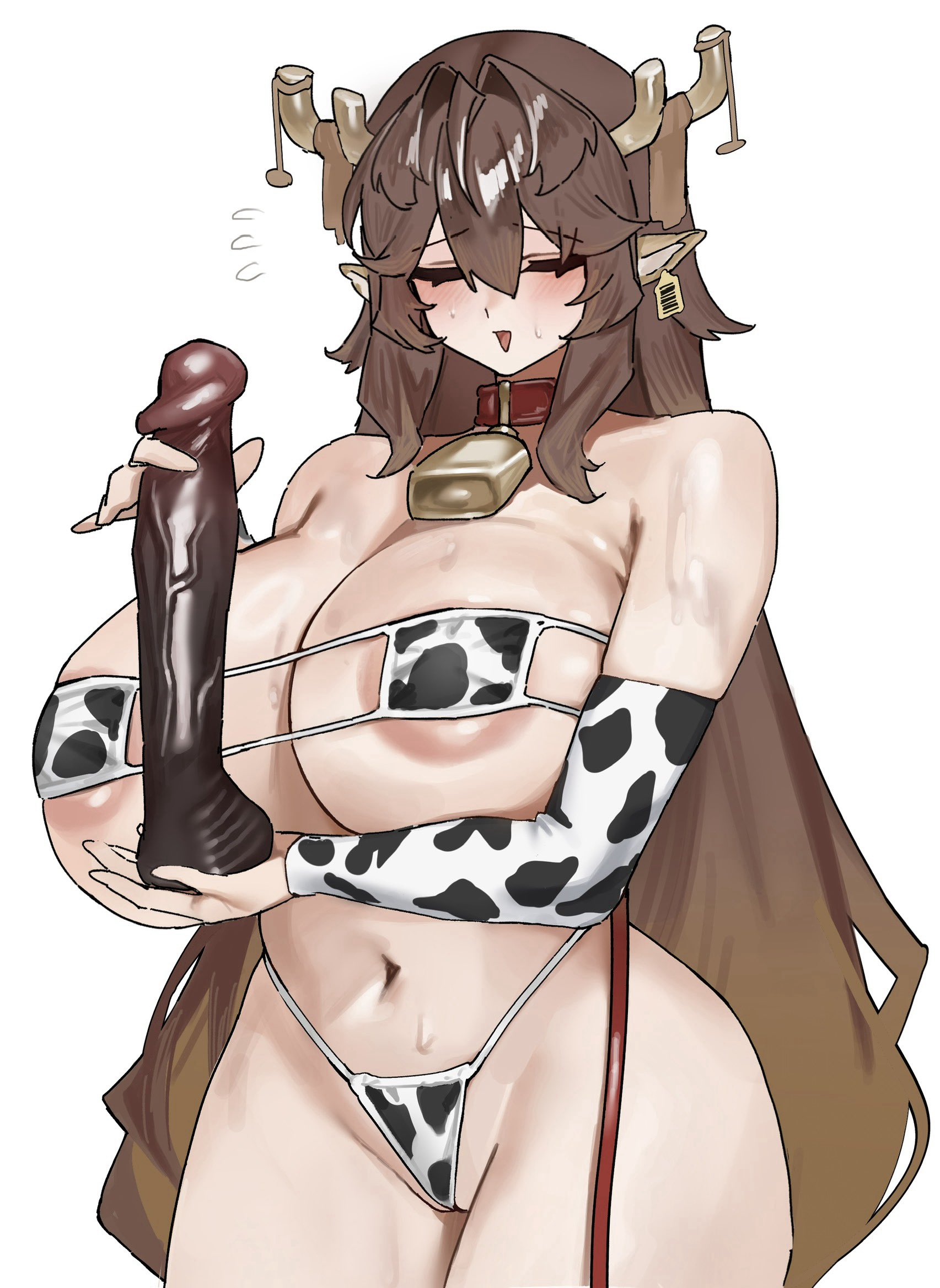 1girls, animal ears, antlers, areola slip, areolae, big breasts, breasts, brown hair, closed eyes, cow print, cow print bikini, cowbell, cowbell collar, deer ears, deer girl, diana (trickcal re:vive), diana (trickcal), dildo, ear tag, eyepatch bikini, female, holding dildo, huge breasts, leash, light skin, light-skinned female, longfatbird, solo, trickcal, trickcal re:vive