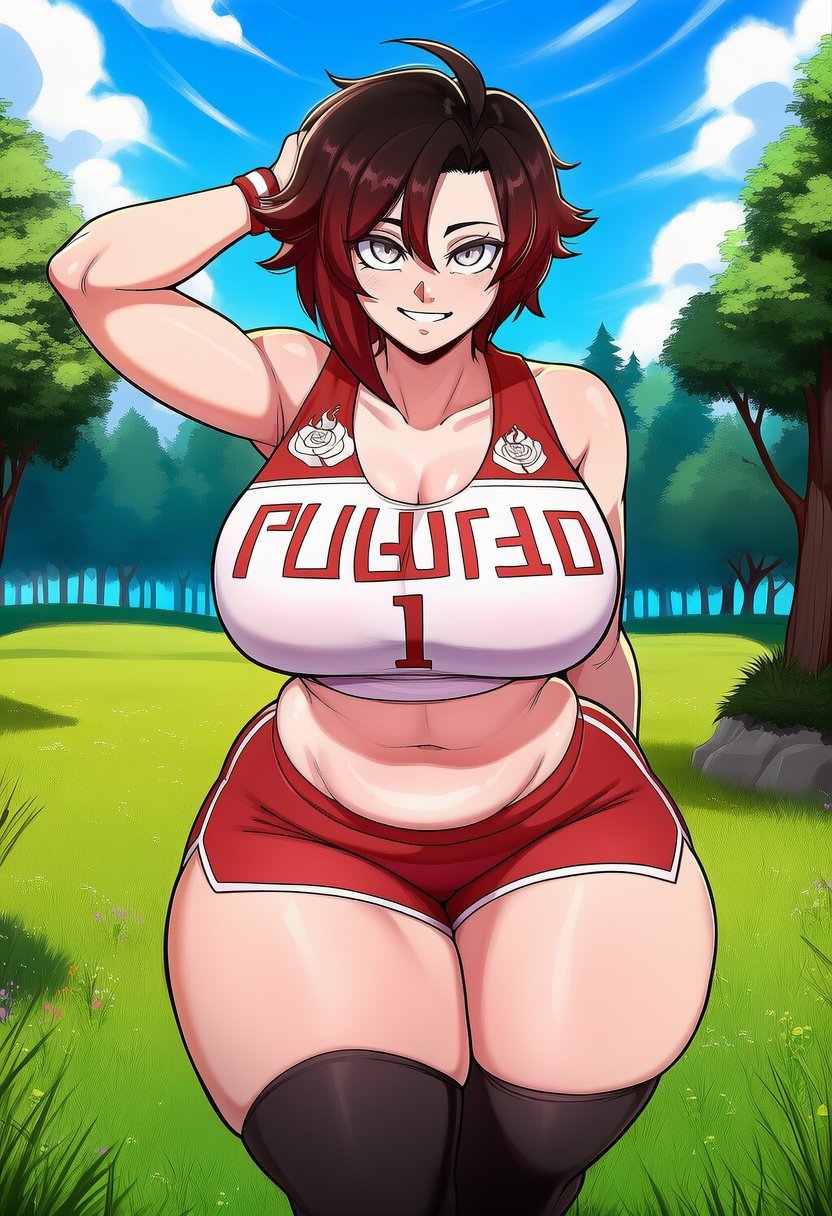 1girls ai_generated artist_request big_breasts cleavage curvaceous curvy_female eyes female female_only gray_eyes gym_clothes hair_streak hand_behind_head hourglass_figure large_breasts light-skinned_female light_skin looking_at_viewer multicolored_hair outdoors ruby_rose rwby short_hair short_shorts slightly_chubby_female standing tank_top thick thick_thighs voluptuous voluptuous_female wide_hips wristband