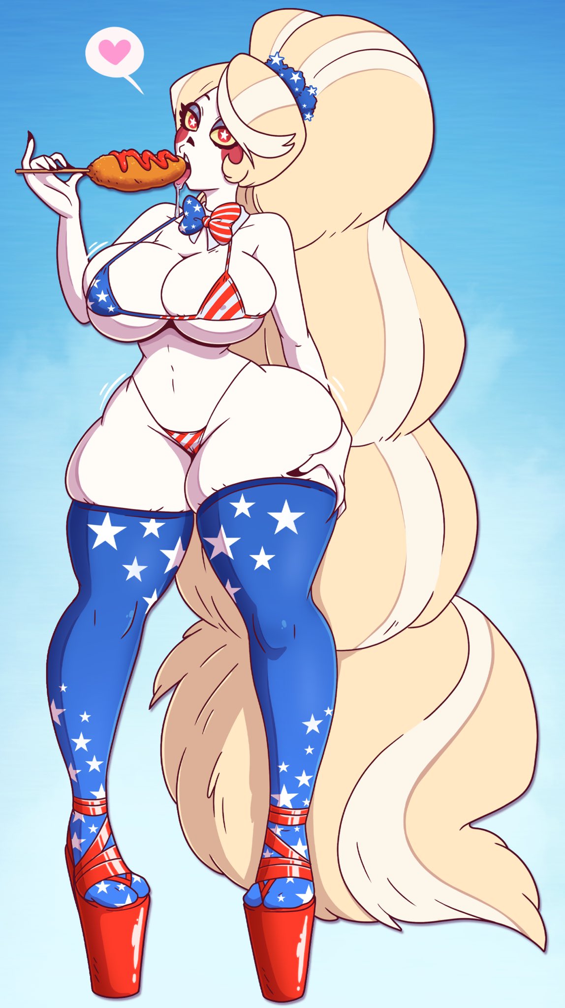 1girls american_flag_bikini big_breasts bikini bikini_bottom bikini_top bimbo bimbofication black_nails blonde_hair blue_eyeshadow blue_stockings bowtie breasts_bigger_than_head charlie_morningstar_(hazbin_hotel) cleavage drool drool_string drooling eyeshadow female female_only food hazbin_hotel holding_food huge_breasts long_hair midriff platform_heels ponytail red_platform_heels solo solo_female stockings tagme thick_hips thick_thighs tongue tongue_out underboob voluptuous voluptuous_female white-skinned_female white_skin white_skinned_female wide_hips wide_thighs wrenzephyr2