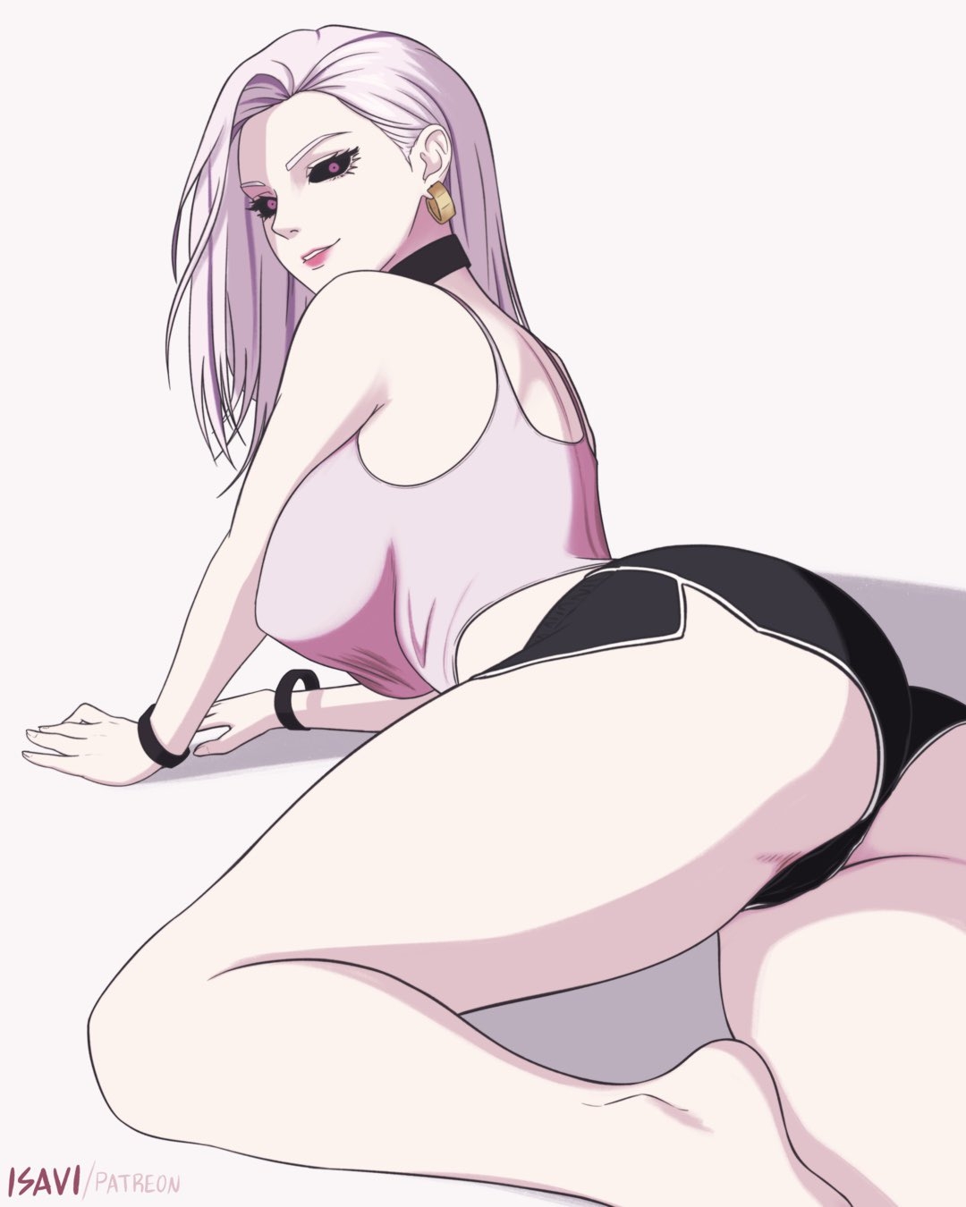1girls, 2d, 2d (artwork), 2d artwork, adult, adult female, anime, anime character, ankles, arm support, ass, ass cleavage, ass crack, ass shot, back view, backboob, background, baddie, bare arms, bare calves, bare hands, bare knees, bare legs, bare shoulders, bare skin, bare soles, bare thighs, barefoot, behind view, bewitching thighs, big boobs, big breasts, black choker, black sclera, black shorts, blank background, bracelet, breasts, busty, busty female, busty girl, butt, butt shot, calves, child bearing hips, choker, closed mouth smile, curvaceous, curvaceous body, curvaceous female, curvaceous figure, curvaceous hips, curvaceous thighs, curvy, curvy ass, curvy body, curvy female, curvy figure, curvy hips, curvy thighs, digital, digital art, digital drawing, digital drawing (artwork), digital media, digital media (artwork), drawing, ear piercing, earrings, exposed arms, exposed legs, exposed shoulders, exposed skin, exposed thighs, fanart, feet, female, female focus, female only, fertile, fertile hips, fingernails, fingers, from behind, full body view, gluteal fold, groin, groin tendon, head tilt, hourglass figure, isavi, jujutsu kaisen, knees, large boobs, large breasts, lascivious, lean figure, legs, light skin, light skin female, light skinned, light skinned female, light-skinned, light-skinned female, lip gloss, lips, lipstick, long hair, looking at viewer, looking back, looking back at viewer, mappa, mature, mature female, mature woman, monotone background, narrow waist, nipple bulge, no shoes, one color background, pale, pale skin, pale skinned female, pale-skinned female, pierced ear, pink eyes, pink hair, pink hair female, pink lips, pink lipstick, pink tank top, pink topwear, pink-eyed female, pink-haired female, plain background, portrait, rear view, shorts, shoulders, shueisha, sideboob, slender body, slender waist, slim female, slim waist, smile, smiley face, smiling, smiling at viewer, soles, solid color background, solo, tank top, thick ass, thick butt, thick thighs, thighs, tilted head, topwear, uro takako, viewed from behind, voluptuous, voluptuous ass, voluptuous body, voluptuous female, voluptuous figure, voluptuous woman, weekly shonen jump, white background, white skinned female, white-skin, white-skinned female, wide hips, woman