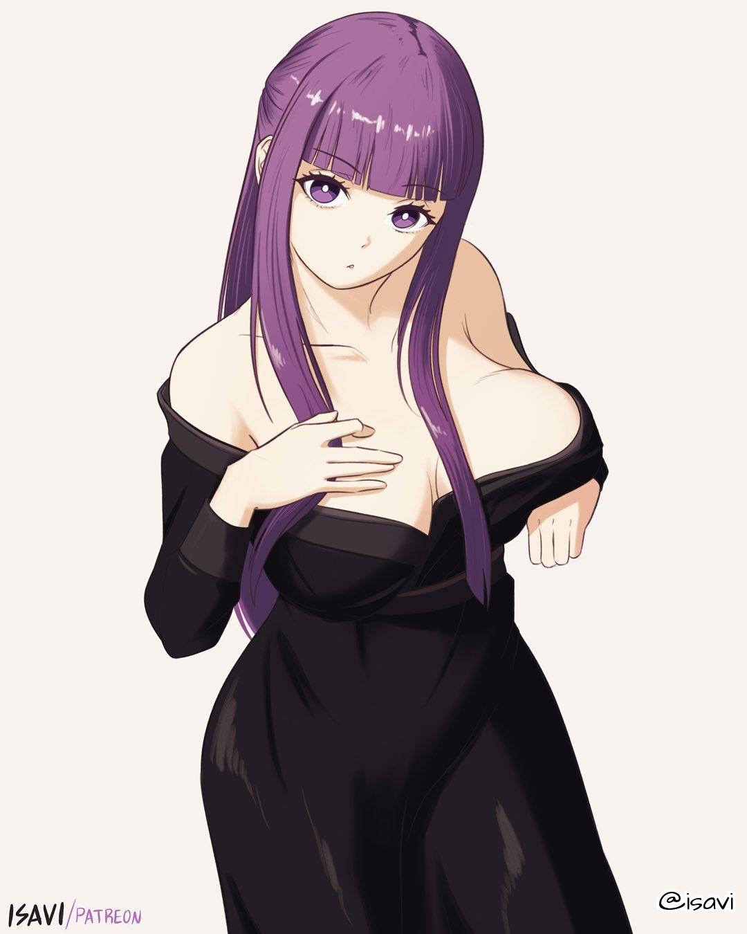 1girls, 2d, 2d (artwork), 2d artwork, adult, adult female, anime, anime character, background, big boobs, big breasts, black clothes, black dress, black outfit, black topwear, blank background, blunt bangs, breasts, busty, busty female, busty girl, caressing breasts, cleavage, clothes, collarbone, digital, digital art, digital drawing, digital drawing (artwork), digital media, digital media (artwork), drawing, dress, elbows, eyebrows visible through hair, fanart, female, female focus, female only, female protagonist, fern (sousou no frieren), fingers, fondling, fondling breasts, fondling own breast, fondling self, from above, from front, front view, grope, groping, groping breast, groping breasts, groping chest, groping own breast, groping own breasts, groping self, half updo, hand on breast, hand on chest, hand on own breast, hand on own chest, hands on breasts, hands on chest, hands on own breasts, hands on own chest, head tilt, high-angle shot, hourglass figure, huge boobs, huge breasts, isavi, large boobs, large breasts, lean figure, lifting breast, lifting breasts, long hair, looking at viewer, looking up, looking up at viewer, madhouse, mage, mature, mature female, mature woman, monotone background, narrow waist, one color background, outfit, plain background, plump breasts, portrait, posing, posing for the viewer, purple eyebrows, purple eyes, purple hair, purple-eyed female, purple-haired female, self fondle, self grope, shoulders, sidelocks, slender body, slender waist, slim female, slim waist, solid color background, solo, sousou no frieren, standing, tight clothes, tight dress, tight outfit, tight topwear, tilted head, top view, topwear, touching breast, touching breasts, touching chest, touching own breast, touching own breasts, touching own chest, upper body, viewed from above, white background, white pupils, wide hips, woman