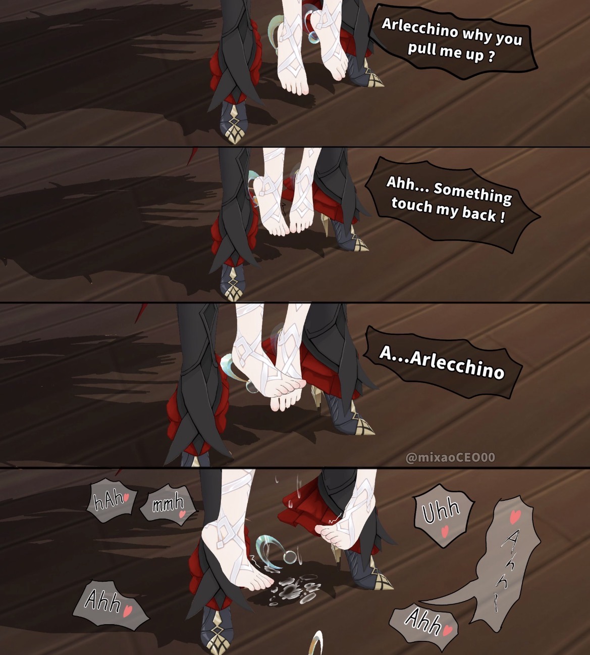 2girls, arlecchino (genshin impact), columbina (genshin impact), cum drip, dominant female, dripping cum, feet, female/female, genshin impact, heels, lesbian, lesbian sex, lifting person, moaning, offscreen sex, shoes, submissive female, talking to partner, yuri