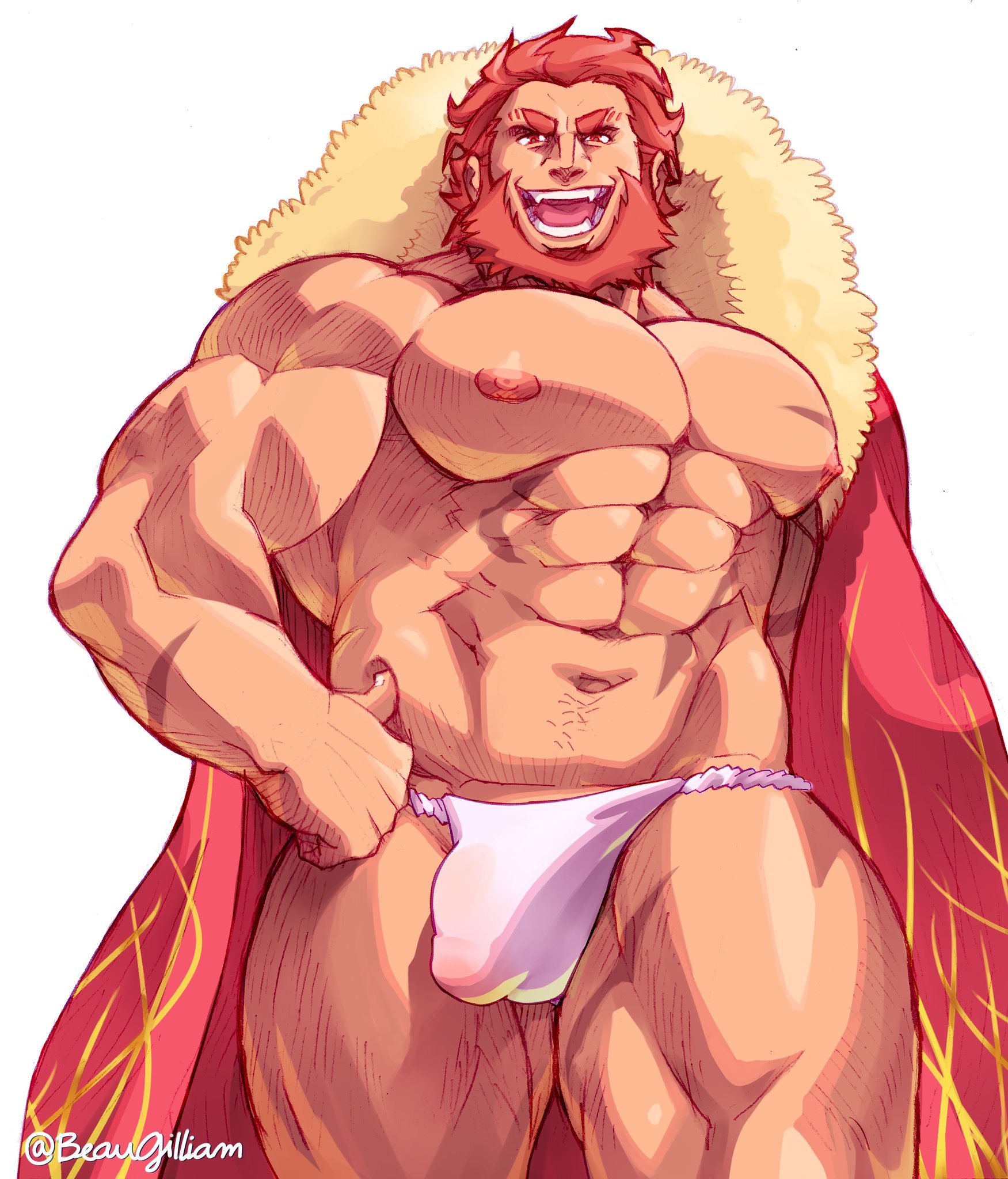 1boy, bara, beaugilliam, biceps, bodybuilder, buff, bulge, coat, daddy, dilf, facial hair, fate (series), flaccid, iskandar (fate), looking at viewer, male, male only, masculine male, muscles, muscular, muscular male, nipples, pecs, penis, rider (fate/zero), solo, solo male, thick, thick thighs, thong, uncle, underwear, white underwear, yaoi