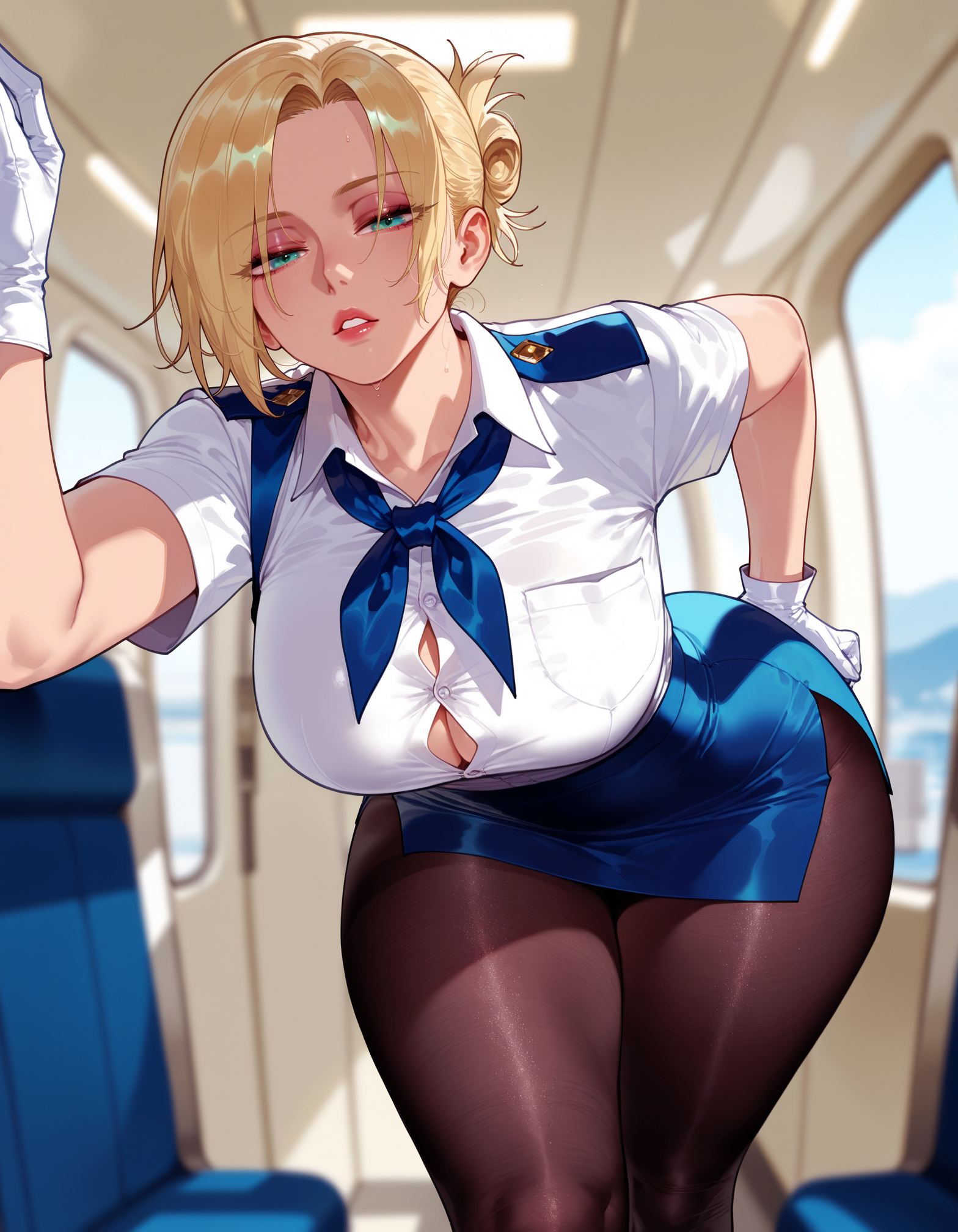 1girl, 1girls, ai generated, annie leonhardt, attack on titan, balecxi, bent over, black pantyhose, blonde hair, blue eyes, blue skirt, blurry background, breast pocket, breasts, brown pantyhose, button gap, cleavage, clothing, collared shirt, curvaceous, curvaceous female, curvaceous figure, curvy, curvy figure, female, female focus, folded ponytail, gloves, green eyes, half-closed eyes, hand on own hip, inviting, inviting to sex, large breasts, leaning forward, lips, looking at viewer, makeup, miniskirt, neckerchief, office lady, pantyhose, parted bangs, parted lips, pencil skirt, presenting, presenting ass, presenting breasts, presenting hindquarters, presenting self, seductive, seductive look, seductive smile, shingeki no kyojin, shirt, short hair, short sleeves, skirt, solo, stewardess, sweat, thick thighs, thighband pantyhose, thighs, train interior, travel attendant, uniform, voluptuous, voluptuous female, web address, white gloves, white shirt