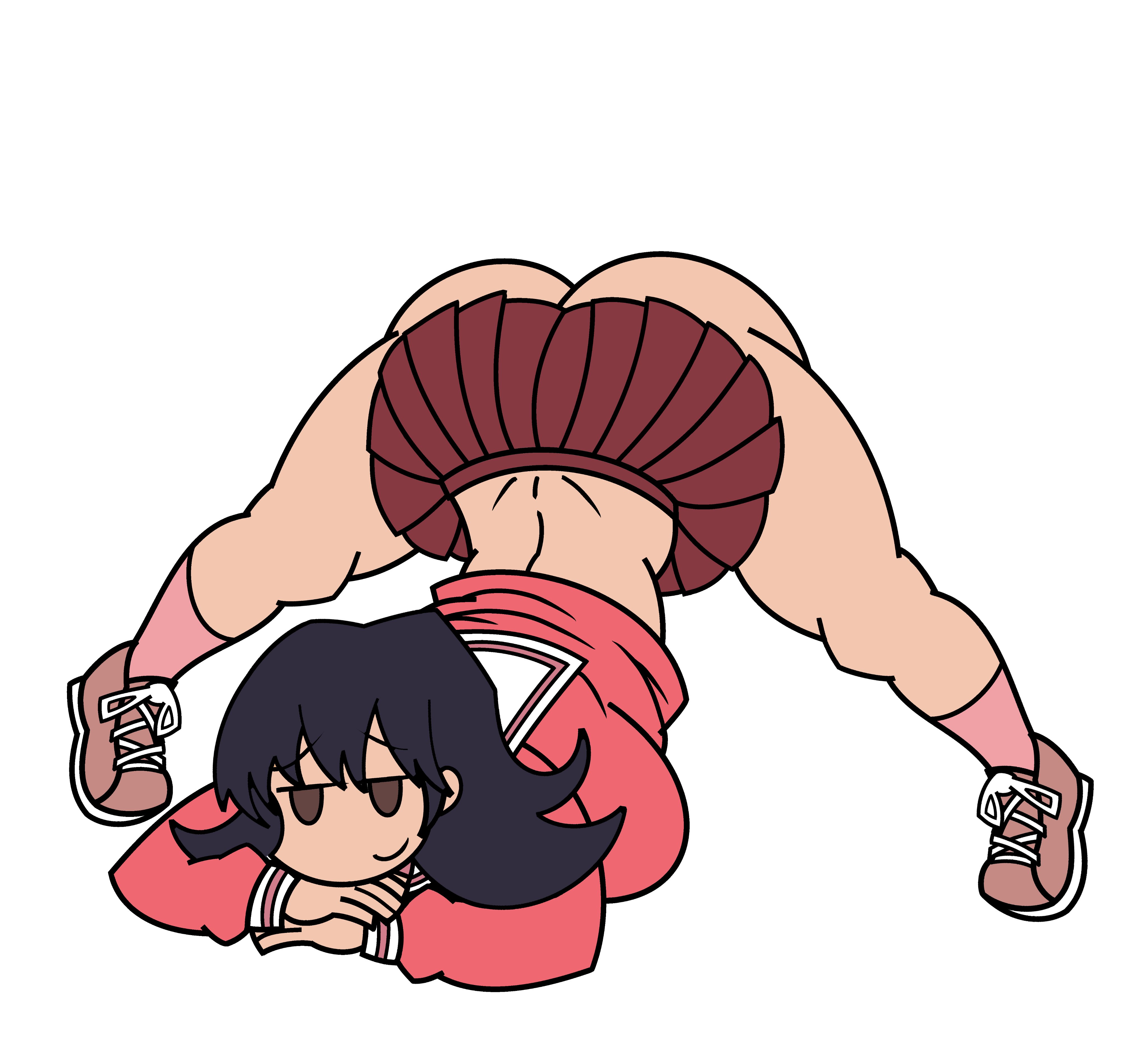 1girl, ass, azumanga daiou, back, black hair, brown eyes, brown shoes, closed mouth, huge ass, huge breasts, literal alguien, red serafuku, red shirt, red skirt, red socks, sailor collar, short hair, simple background, smile, socks, solo, thick thighs, thighs, tomo takino, white background, white sailor collar