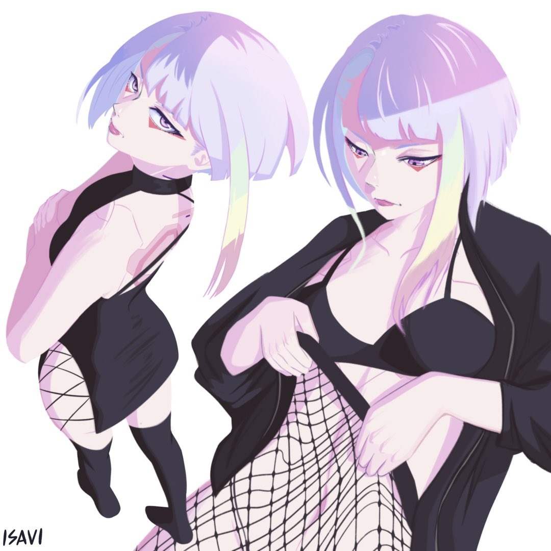 1girl, 1girls, average breasts, black legwear, black stockings, black thigh highs, black thighhighs, breasts, cyberpunk: edgerunners, fishnet legwear, fishnet pantyhose, fishnet stockings, fishnet tights, head tilt, isavi, legwear, looking down, looking up, looking up at viewer, lucyna kushinada, medium breasts, pantyhose, purple eyes, purple-eyed female, silver hair, silver hair female, silver-haired female, stockings, thigh highs, thighhighs, tights, tilted head