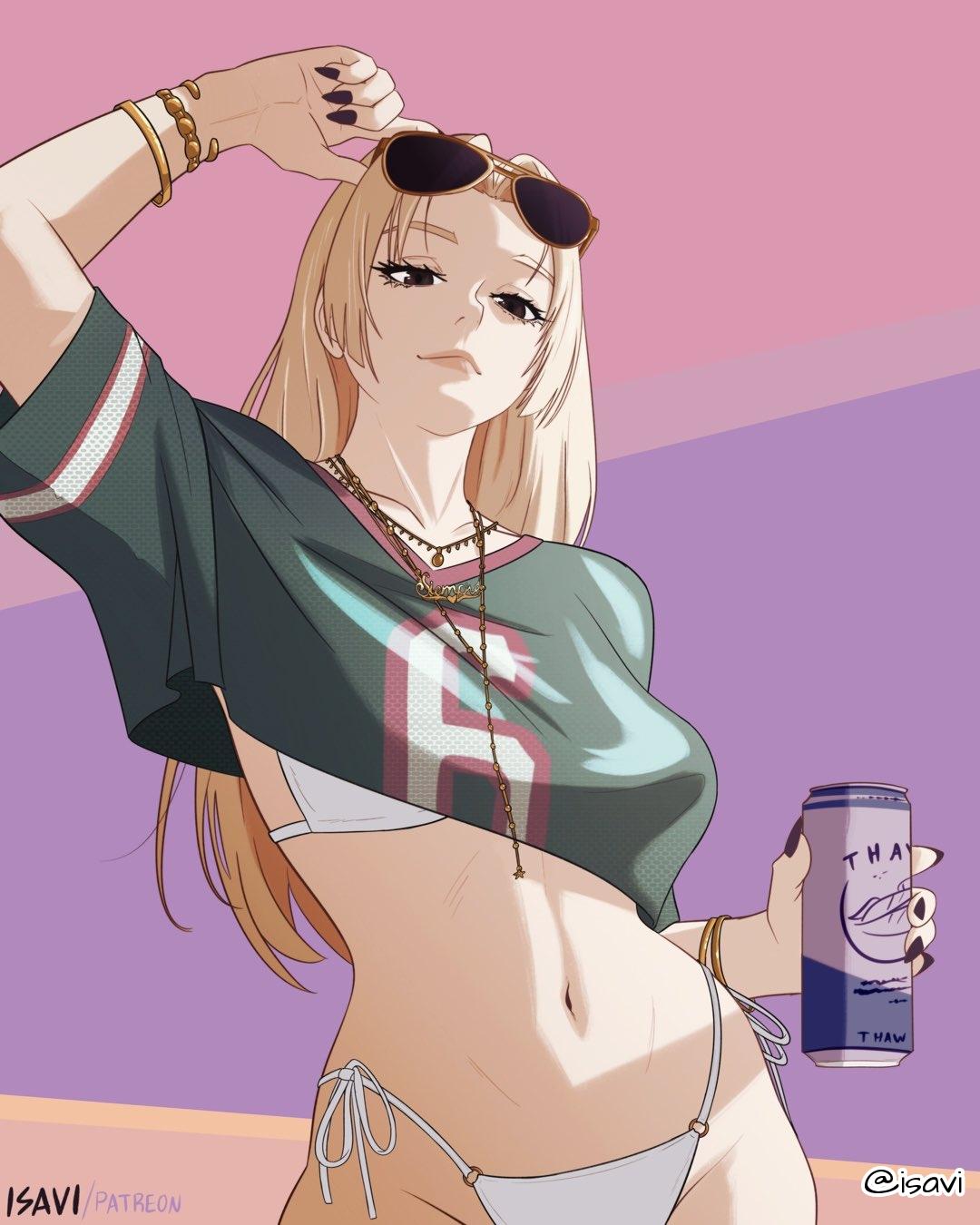 1girls, 2d, 2d (artwork), 2d artwork, adult, adult female, anime, anime character, arm above head, arm up, background, bare belly, bare hands, bare hips, bare midriff, bare navel, bare skin, belly, belly button, bikini, bikini bottom, bikini top, black eyes, black fingernails, black nail polish, black nails, black-eyed female, blonde, blonde female, blonde hair, blonde hair female, blonde-haired female, breasts, busty, busty female, busty girl, closed mouth smile, clothes, collarbone, cropped shirt, cropped topwear, curvaceous, curvaceous body, curvaceous female, curvaceous figure, curvaceous hips, curvy, curvy body, curvy female, curvy figure, curvy hips, digital, digital art, digital drawing, digital drawing (artwork), digital media, digital media (artwork), drawing, elbows, exposed belly, exposed hips, exposed midriff, exposed navel, exposed skin, fanart, female, female focus, female only, fingernails, fingers, fit female, green clothes, green shirt, green topwear, groin, gta vi cover girl, hand above head, hand up, head tilt, hourglass figure, inguinal crease, inguinal ligament, isavi, jujutsu kaisen, large breasts, lean figure, light smile, linea alba, lip gloss, lips, lipstick, long hair, looking at viewer, looking down, looking down at viewer, mappa, mature, mature female, mature woman, midriff, multicolored background, nail polish, nails, narrow waist, navel, pink background, pink lips, pink lipstick, plain background, portrait, purple background, shirt, shoulders, shueisha, side-tie bikini, slender body, slender waist, slight smile, slim female, slim waist, smile, smiley face, smiling, smiling at viewer, solo, standing, stomach, string bikini, sunglasses, sunglasses on forehead, sunglasses on head, swimsuit, swimwear, tilted head, topwear, two-tone background, upper body, weekly shonen jump, white bikini, white bikini bottom, white bikini top, white swimsuit, white swimwear, wide hips, woman, yuki tsukumo