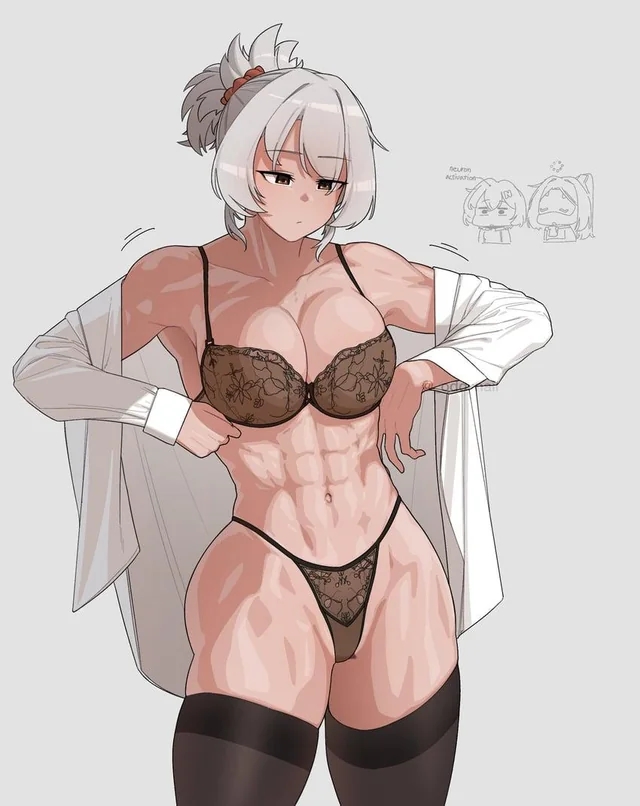 abs, amber eyes, belle (zenless zone zero), collarbone, lingerie, long hair, medium hair, multiple girls, muscular female, neuron activation (meme), ponytail, short hair, soldier 11, thighhighs, trigger (zenless zone zero), underwear, undressing, white hair, zenless zone zero