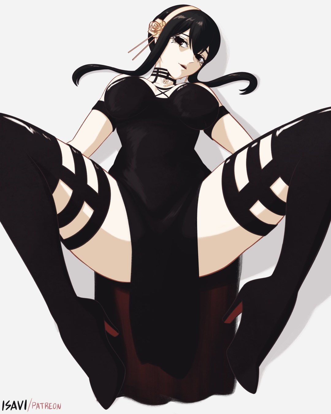 1girls, 2d, 2d (artwork), 2d artwork, adoptive mother, adult, adult female, anime, anime character, anime milf, background, big boobs, big breasts, black clothes, black dress, black eyes, black footwear, black hair, black high heels, black legwear, black lips, black lipstick, black outfit, black shoes, black stockings, black thigh highs, black thighhighs, black topwear, black-eyed female, black-haired female, boots, breasts, breasts apart, busty, busty female, busty girl, busty milf, calves, clothes, cloverworks, curvy milf, digital, digital art, digital drawing, digital drawing (artwork), digital media, digital media (artwork), drawing, dress, european, european female, european girl, fanart, female, female focus, female only, female protagonist, flower, flower hair ornament, flower in hair, flower on head, footwear, fuck me boots, full body, goth, goth mommy, grey background, groin, hair between eyes, hair ornament, hairband, head tilt, high heel boots, high heels, hot milf, housewife, inframammary fold, isavi, knees, large boobs, large breasts, lean figure, legs, legs apart, legs spread, legwear, lip gloss, lips, lipstick, long hair, looking at viewer, looking up, looking up at viewer, lying, lying down, lying on back, lying on floor, lying on ground, married female, married woman, mature, mature female, mature woman, milf, mommy, monotone background, mother, narrow waist, on back, on floor, one color background, outfit, plain background, portrait, shoes, shonen jump, shoulders, sidelocks, sitting, slender body, slender waist, slim female, slim waist, solid color background, solo, spread legs, spreading legs, spreading thighs, spy x family, stockings, thick thighs, thigh highs, thighhighs, thighs, tilted head, topwear, white hairband, wife, wit studio, woman, yor briar, yor forger, young looking female, young milf, young woman and milf